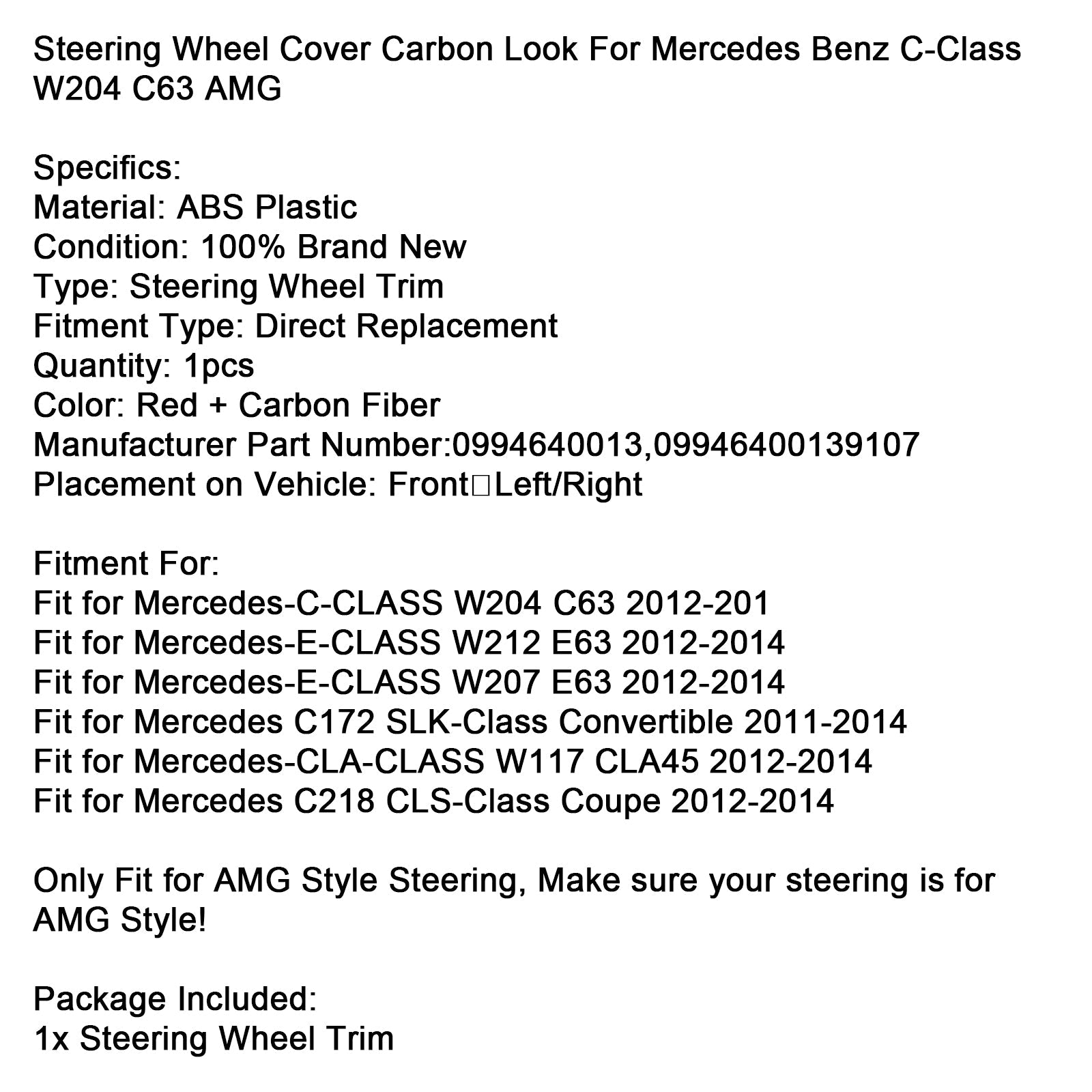 Steering Wheel Cover Carbon Look For Mercedes Benz C-Class W204 C63 AMG