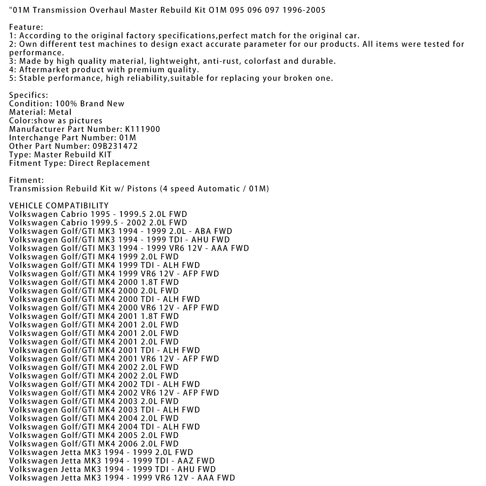 01M Transmission Overhaul Master Rebuild Kit O1M 095 096 097 1996-2005