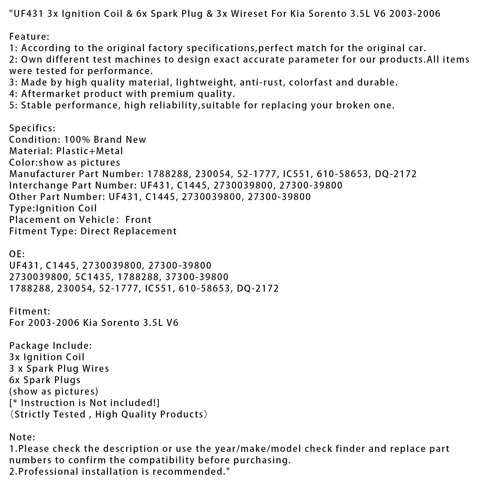 2003-2006 Kia Sorento 3.5L V6 3x Ignition Coil & 6x Spark Plug & 3x Wireset UF431