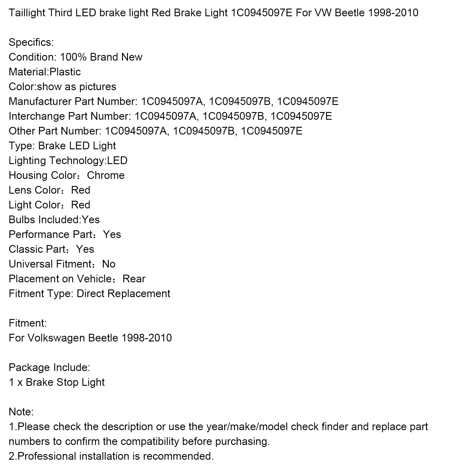 Taillight Third LED brake light Red Brake Light 1C0945097E For VW Beetle 1998-2010