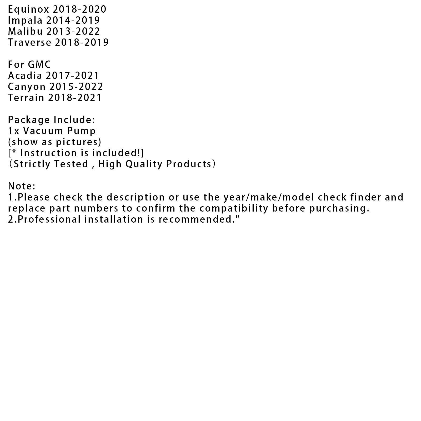 2014-2019 Chevy Impala Vacuum Pump 12686657 12654111