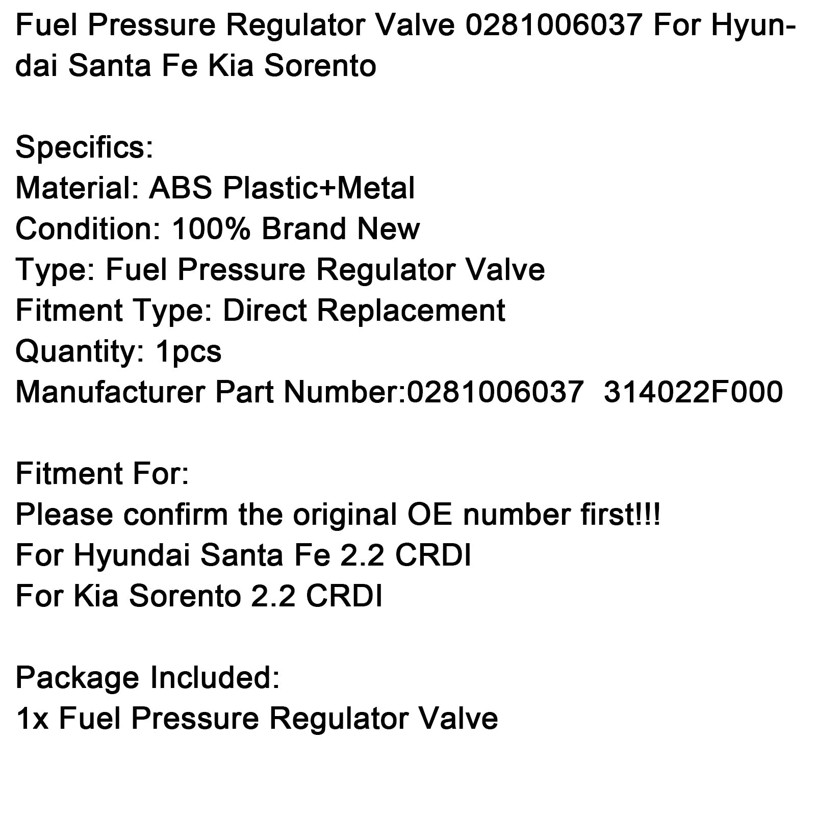 Fuel Pressure Regulator Valve 0281006037 For Hyundai Santa Fe Kia Sorento