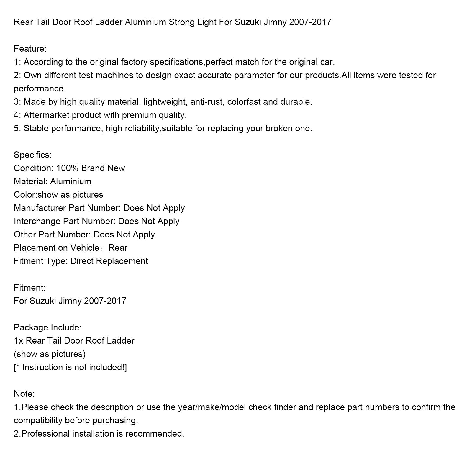 2007-2017 Suzuki Jimny Rear Tail Door Roof Ladder Aluminium Strong Light