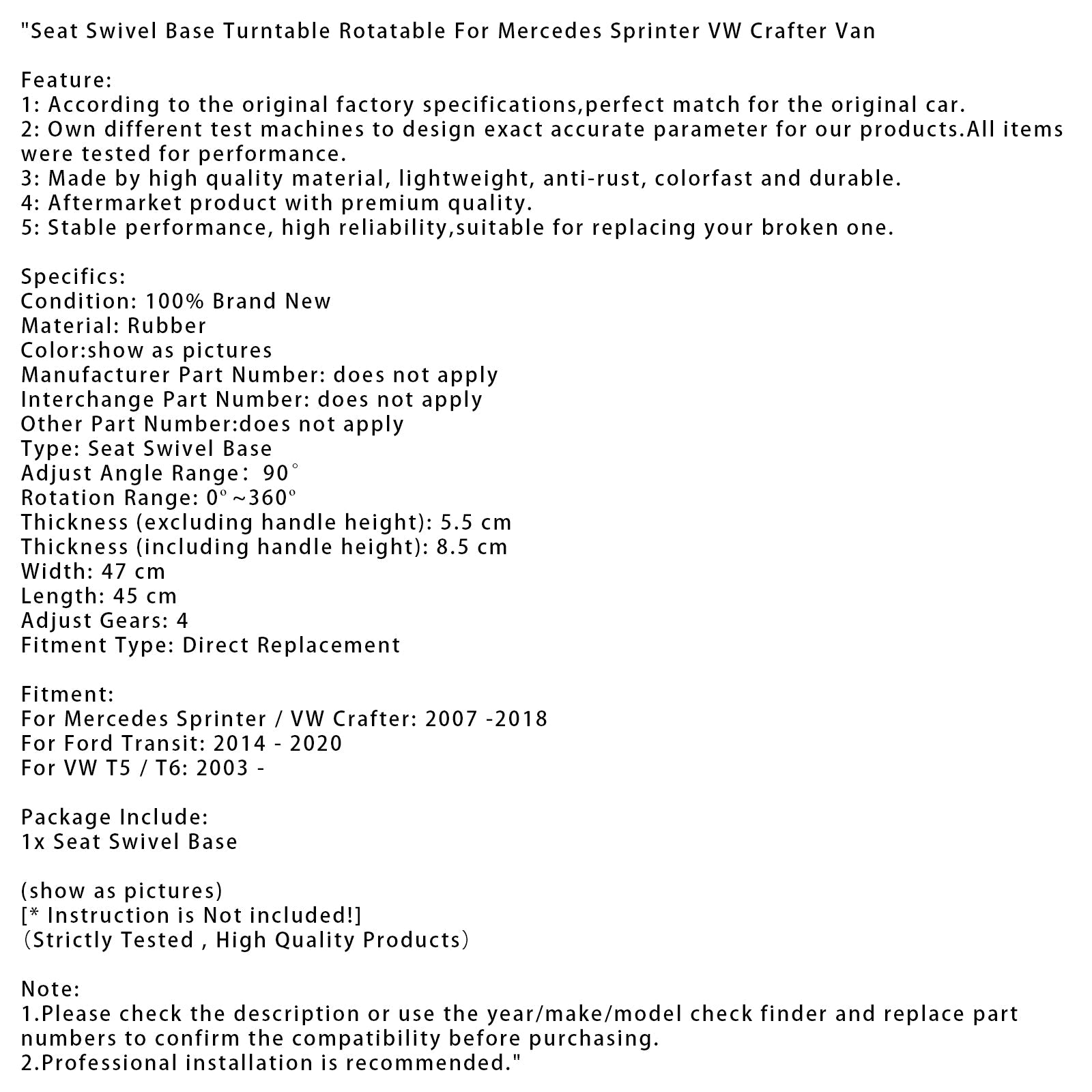 2014-2020 Ford Transit: Seat Swivel Base Turntable Rotatable