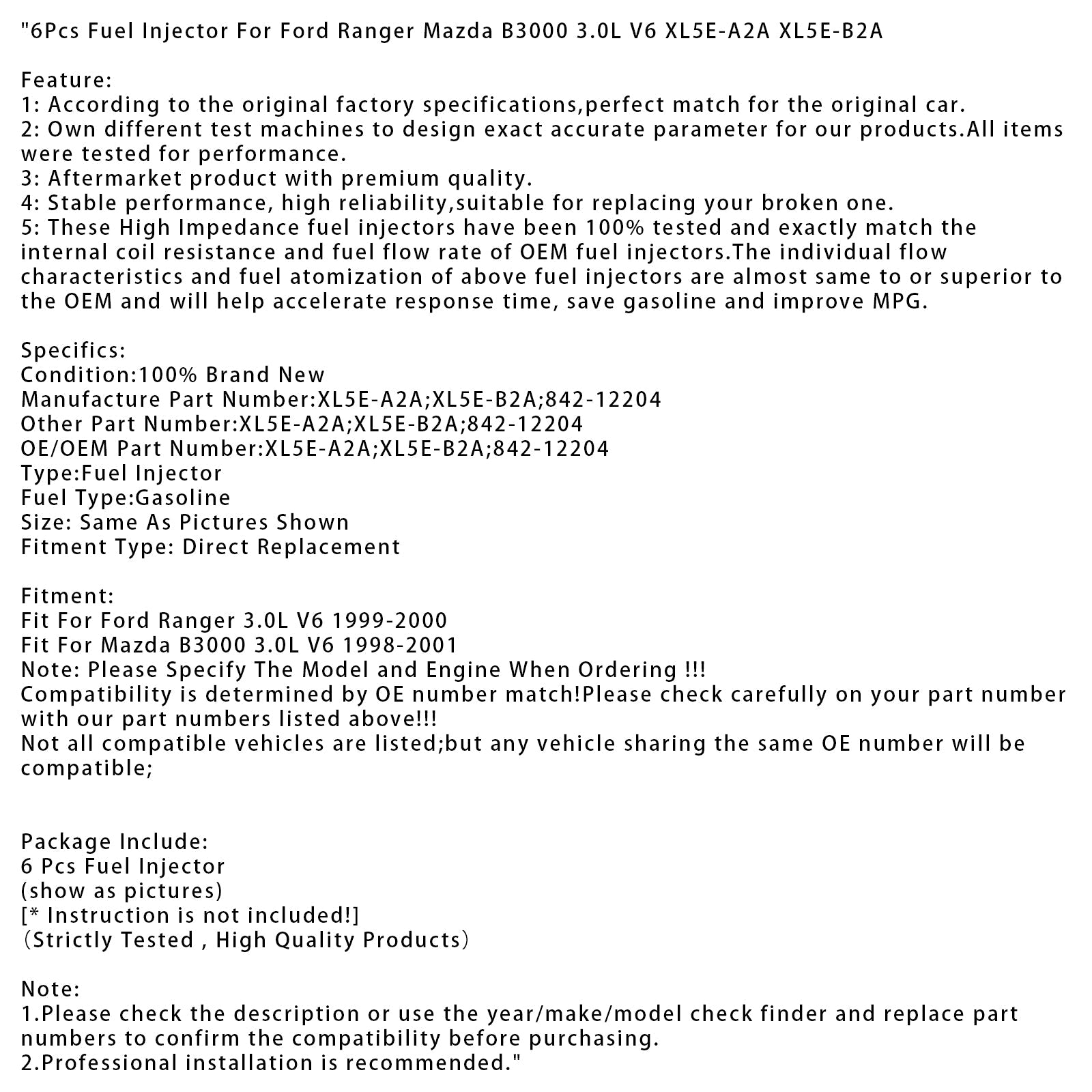 1998-2001 Mazda B3000 3.0L V6 6Pcs Fuel Injector XL5E-A2A XL5E-B2A