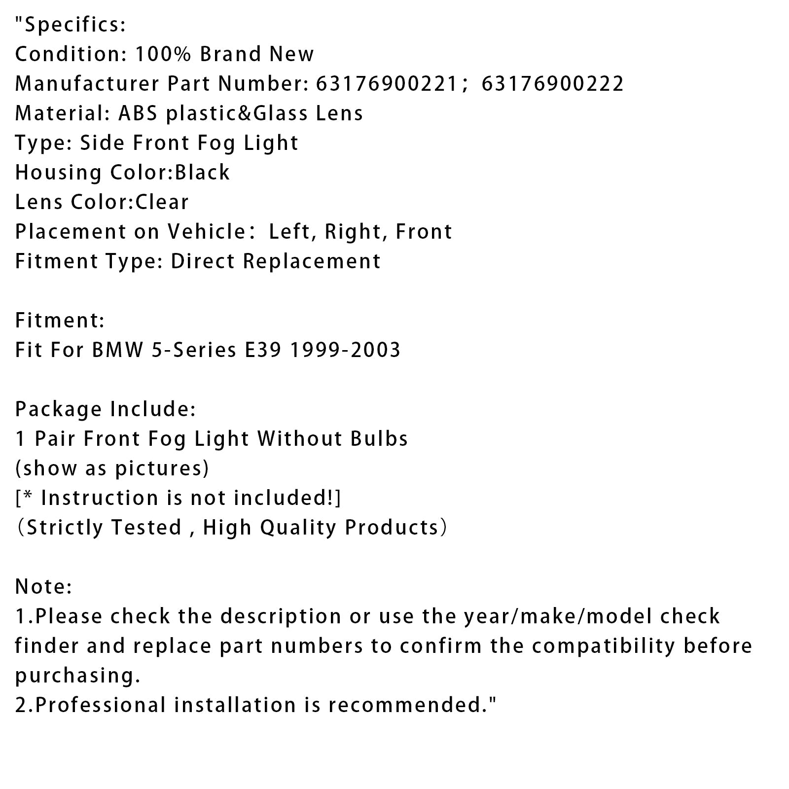 1999-2003 BMW E39 5-Series Pair Front Bumper Fog Light Without Bulbs