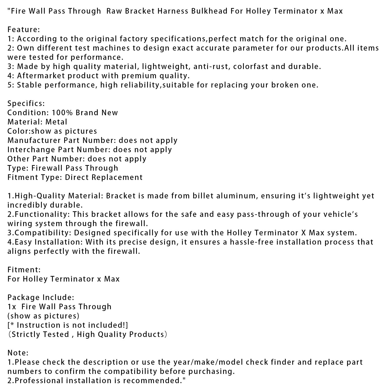 Fire Wall Pass Through Raw Bracket Harness For Holley Terminator x Max