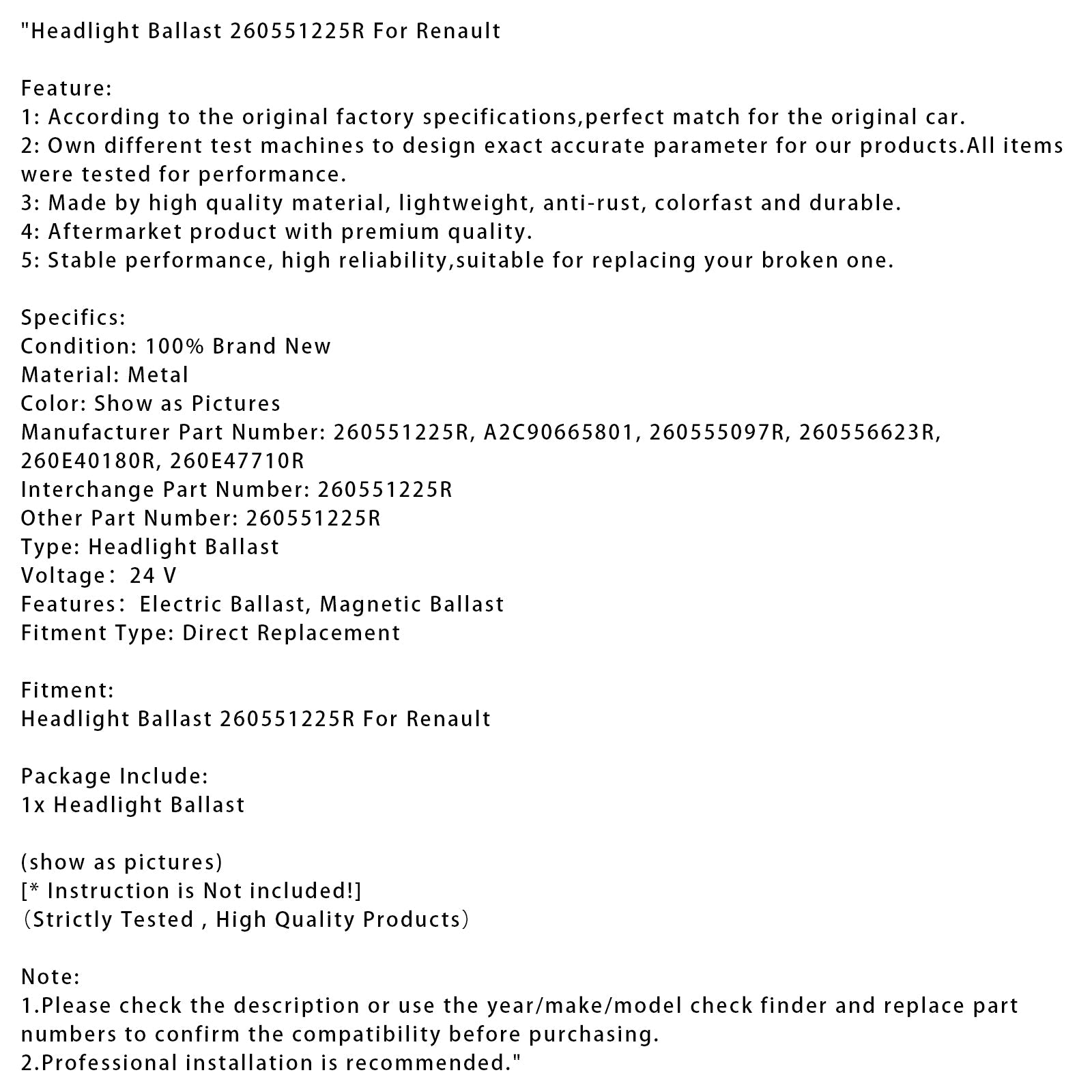 Headlight Ballast 260551225R For Renault