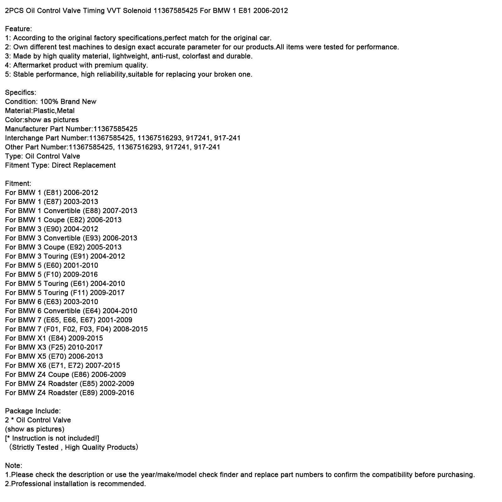 2Pcs Oil Control Valve Timing VVT Solenoid 11367585425 For BMW 1 E81 2006-2012