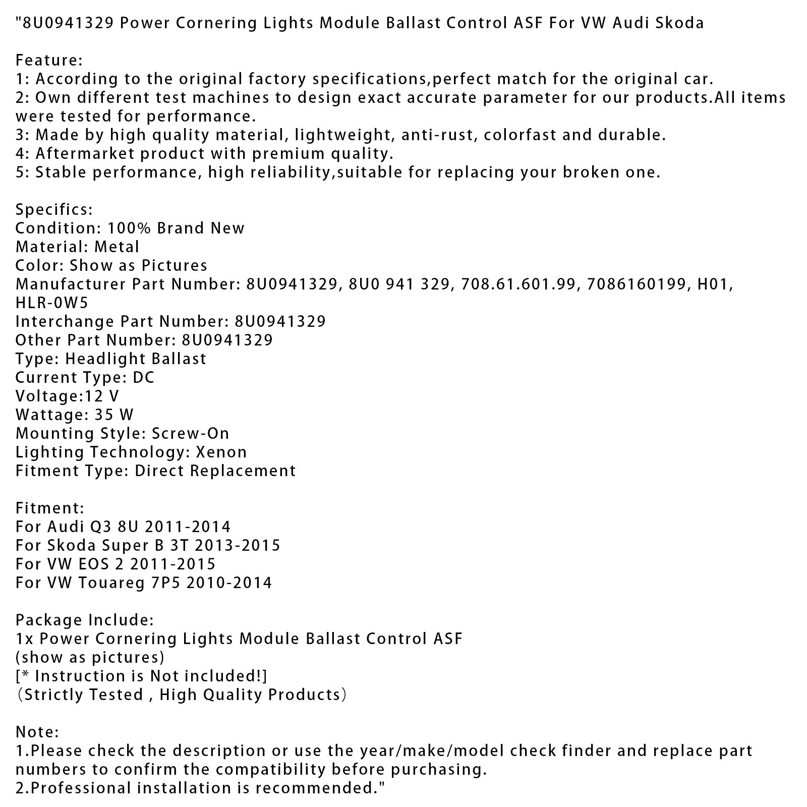 8U0941329 Power Cornering Lights Module Ballast Control ASF For VW Audi Skoda