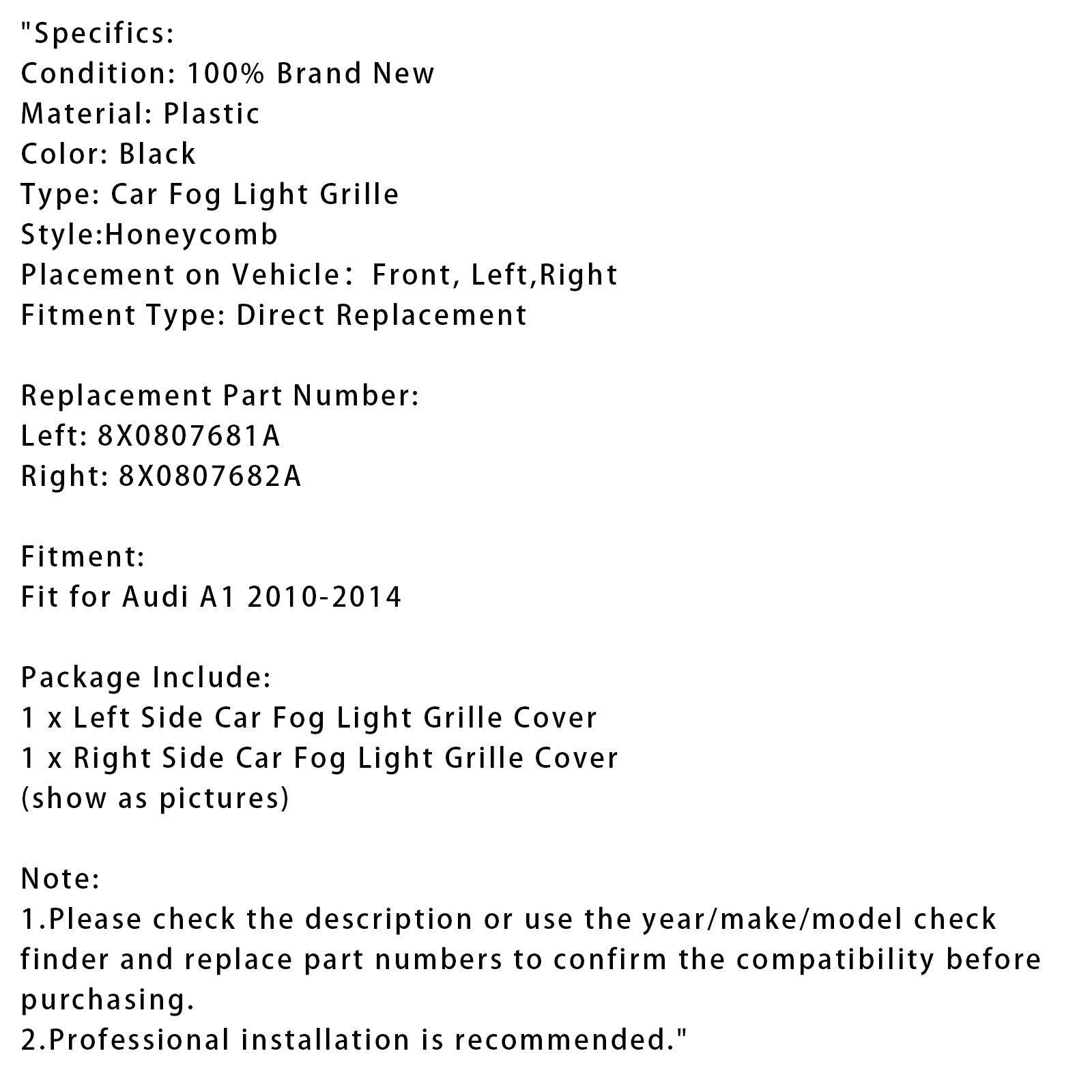 2010-2014 Audi A1 Front Bumper Honeycomb Fog Grille Cover Black