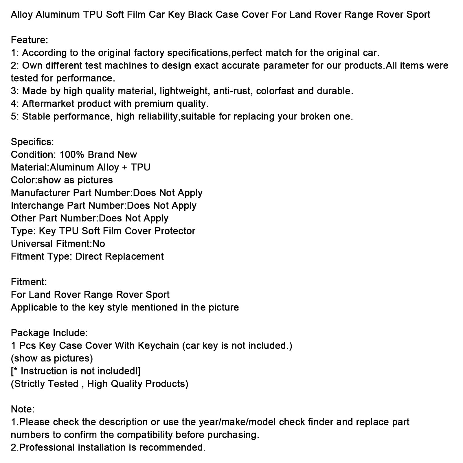 Land Rover Alloy Aluminum TPU Soft Film Car Key Black Case Cover