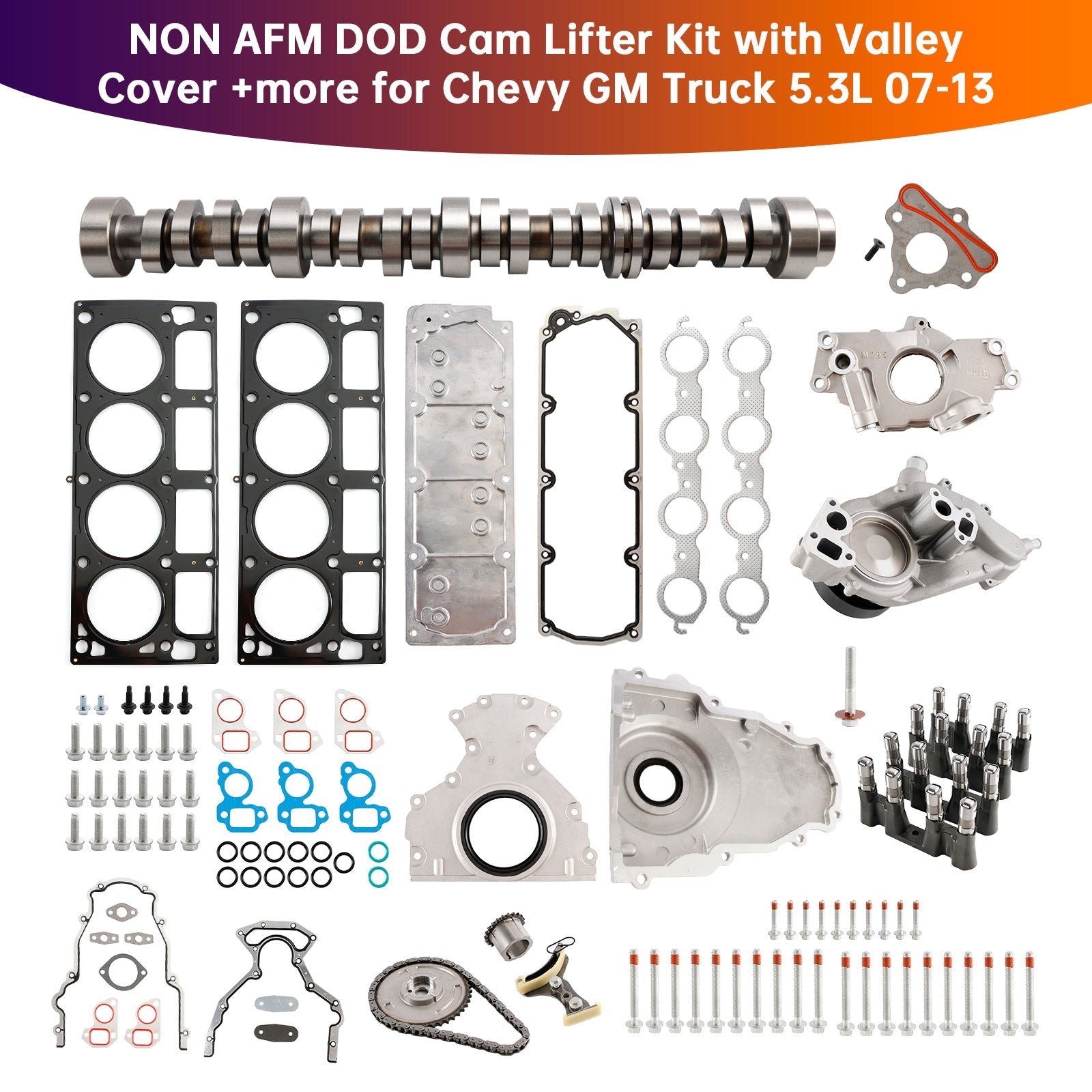 2007-2013 CHEVROLET SUBURBAN 1500 5.3L 5328CC 325CID V8 FLEX OHV NON AFM DOD Cam Lifter Kit with Valley Cover +more