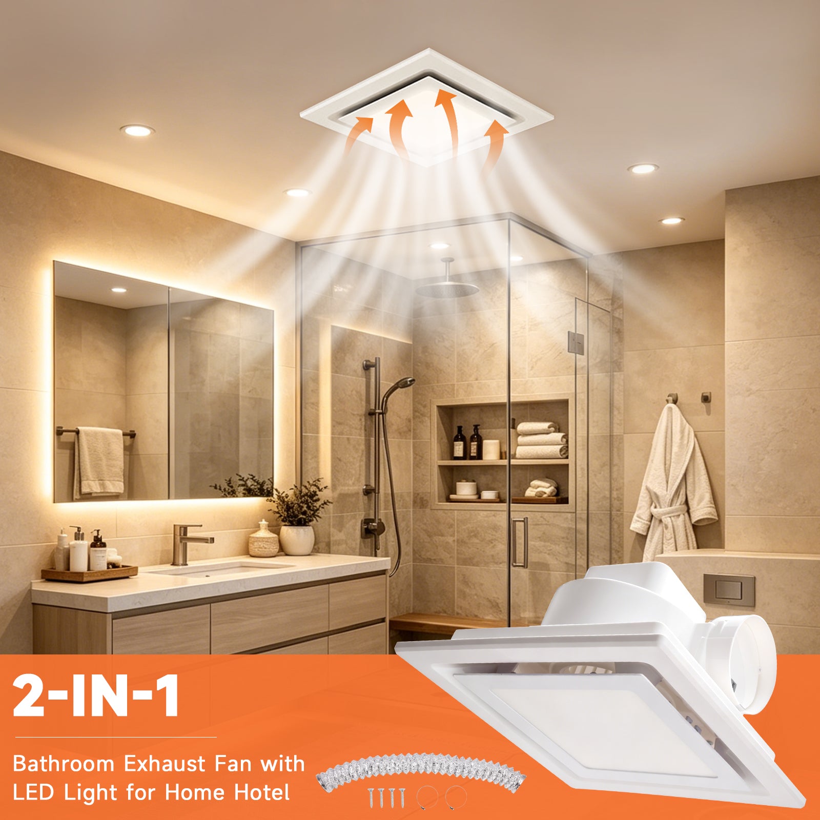 100 CFM 10" Bathroom Exhaust Fan 1.5sones Bath Fan Low Noise with Light