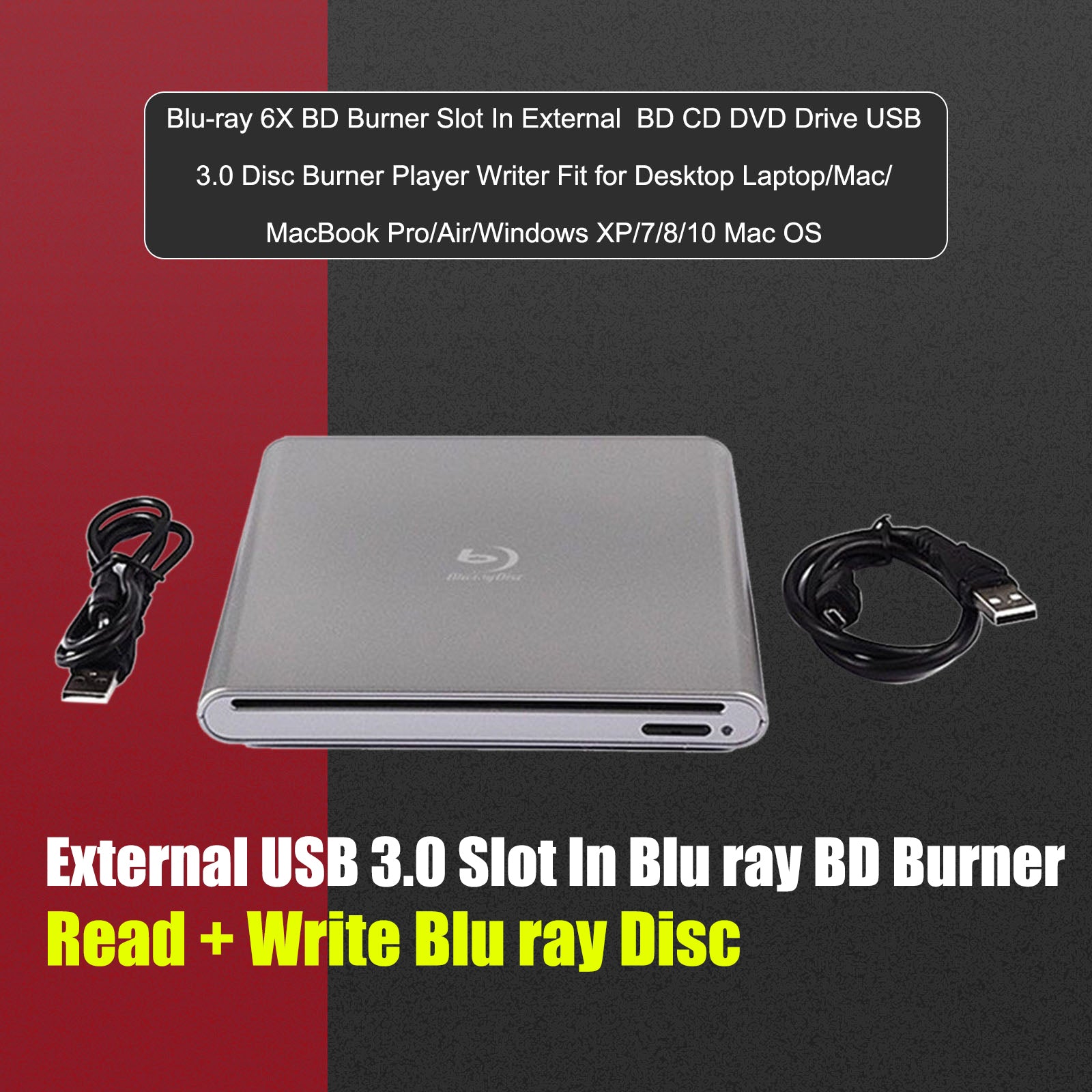 4K Genuine Bluray Burner External USB 3.0 Player BD DVD CD Recorder Cable Drive