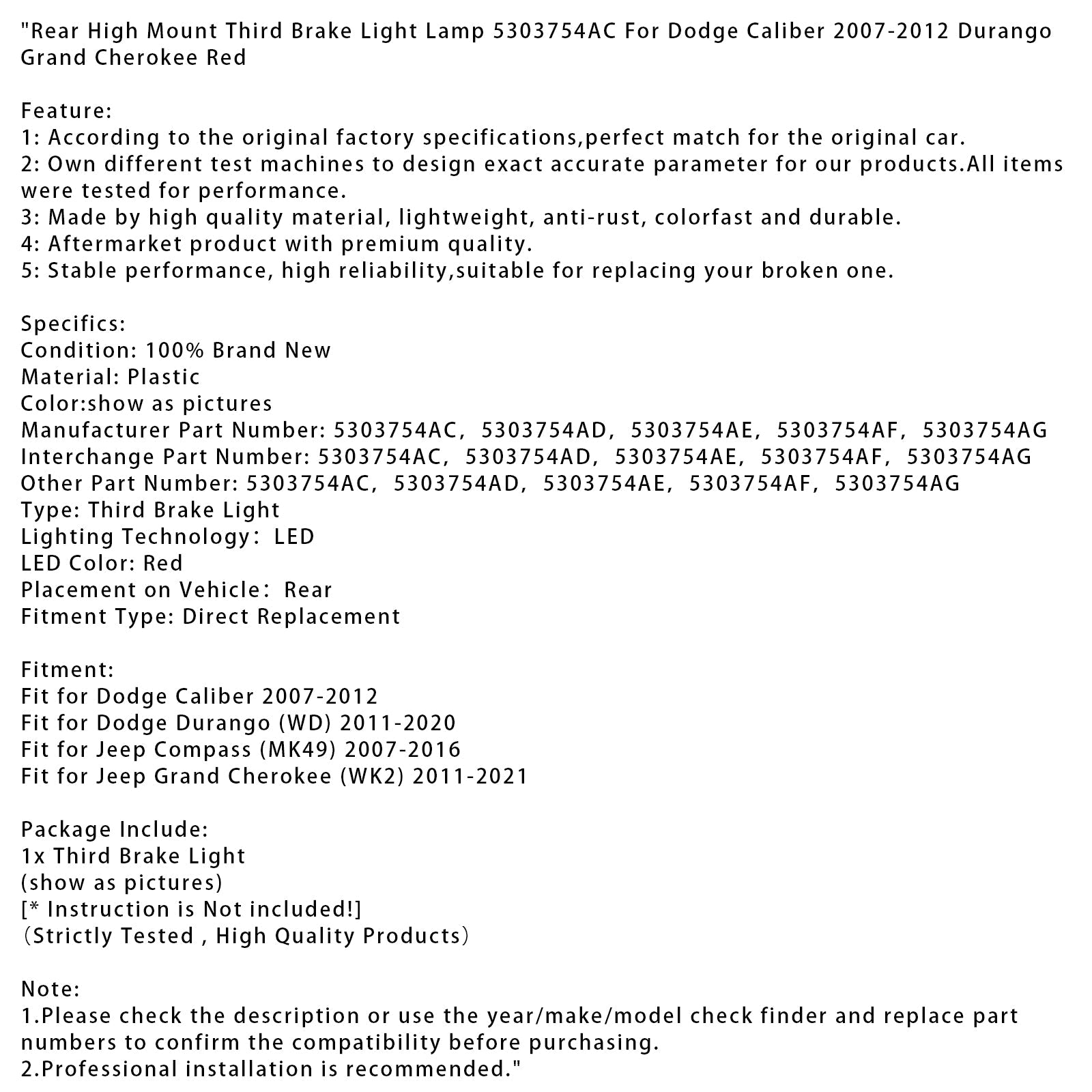 Rear High Mount Third Brake Light Lamp 5303754AC For Dodge Caliber 2007-2012