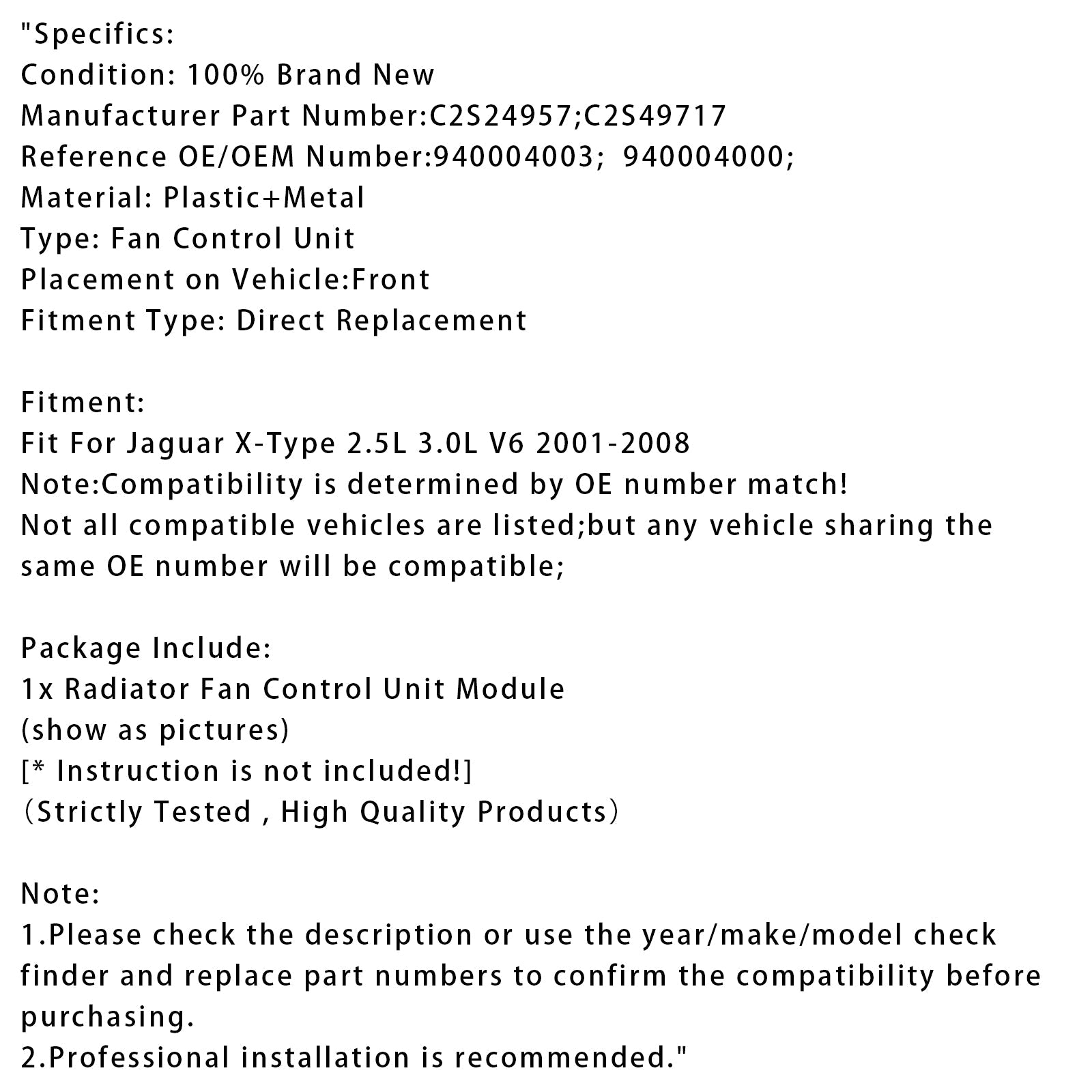 2001-2008 Jaguar X-Type 2.5L 3.0L V6 Radiator Fan Control Module C2S24957
