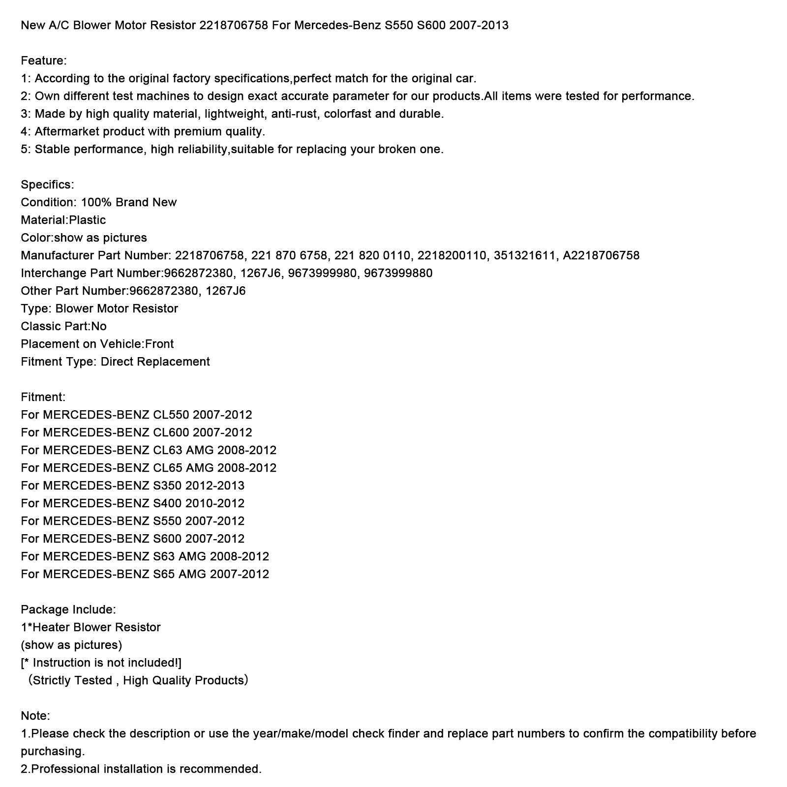 New A/C Blower Motor Resistor 2218706758 For Mercedes-Benz S550 S600 2007-2013