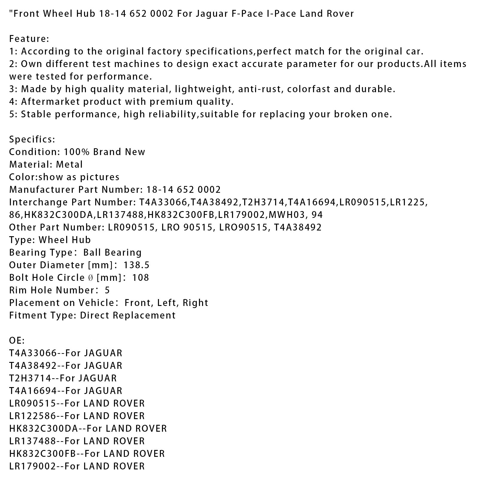 Front Wheel Hub 18-14 652 0002 For Jaguar F-Pace I-Pace Land Rover
