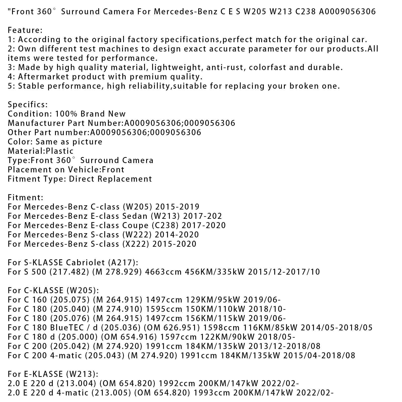 2019-on Mercedes-Benz GLC W253 / C253 / X253 Facelift model update Front 360<Surround Camera A0009056306