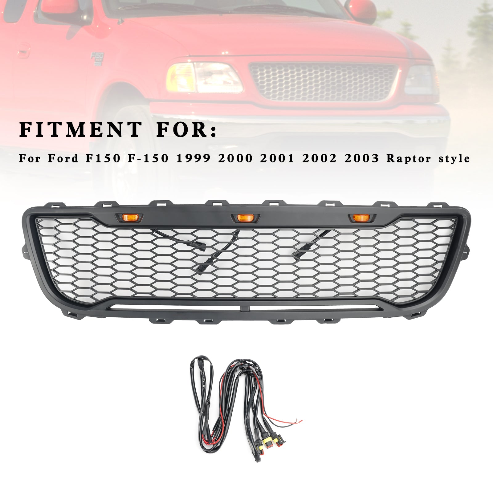 Matte Black Front Honeycomb Bumper Grille Grill Fit Ford F150 1999-2003 W/ Led