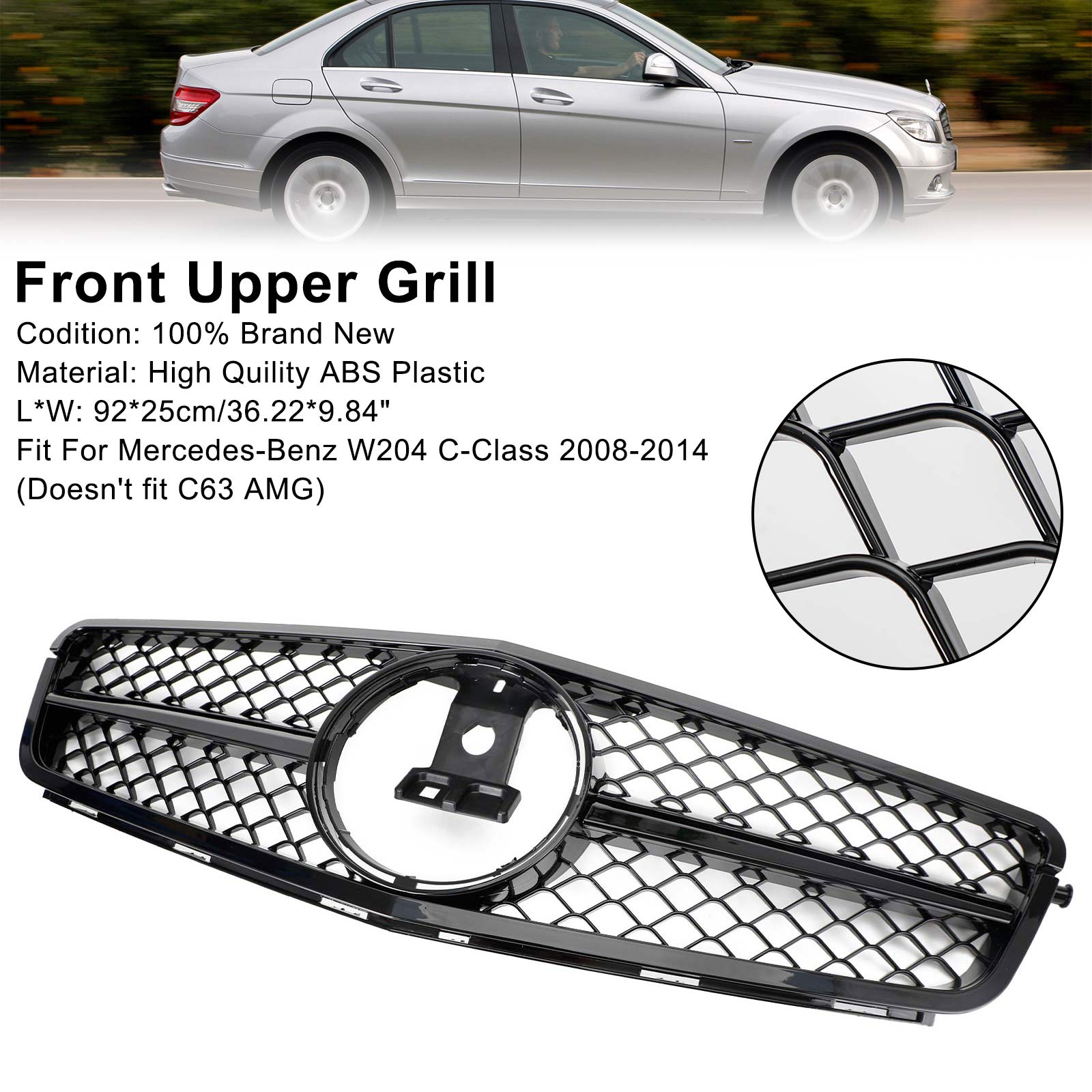 W204 C250 C350 08-13 Mercedes Benz AMG Style Gloss Black Grill Replacement Grille Generic
