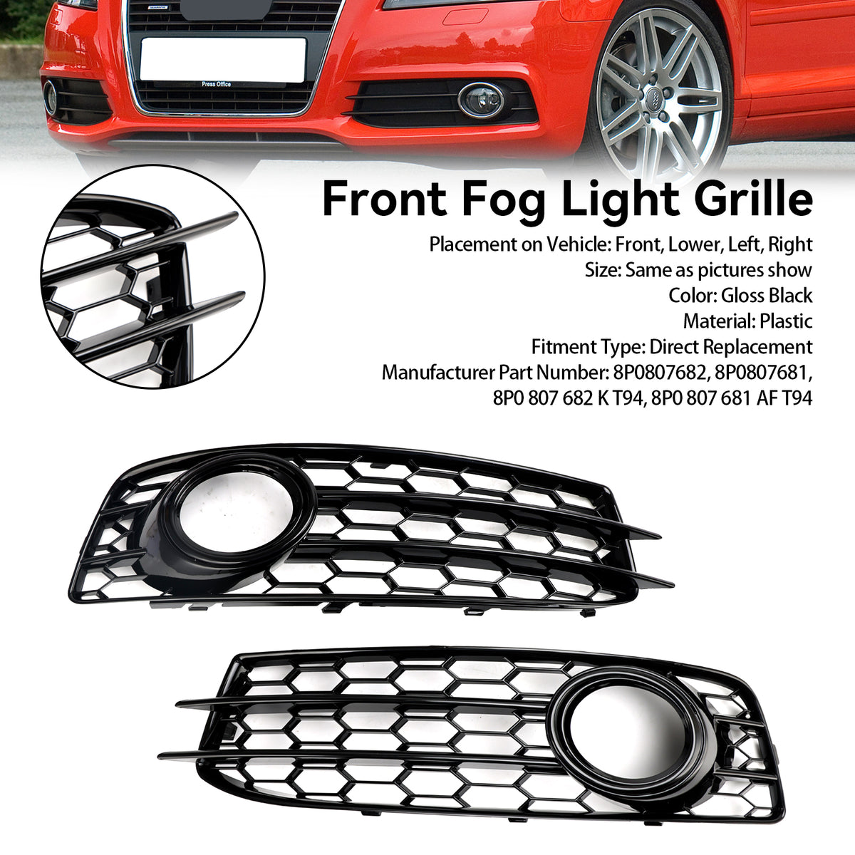 Audi A3 8P S-Line 2009-2012 Honeycomb Front Bumper Fog Light Grill Cover