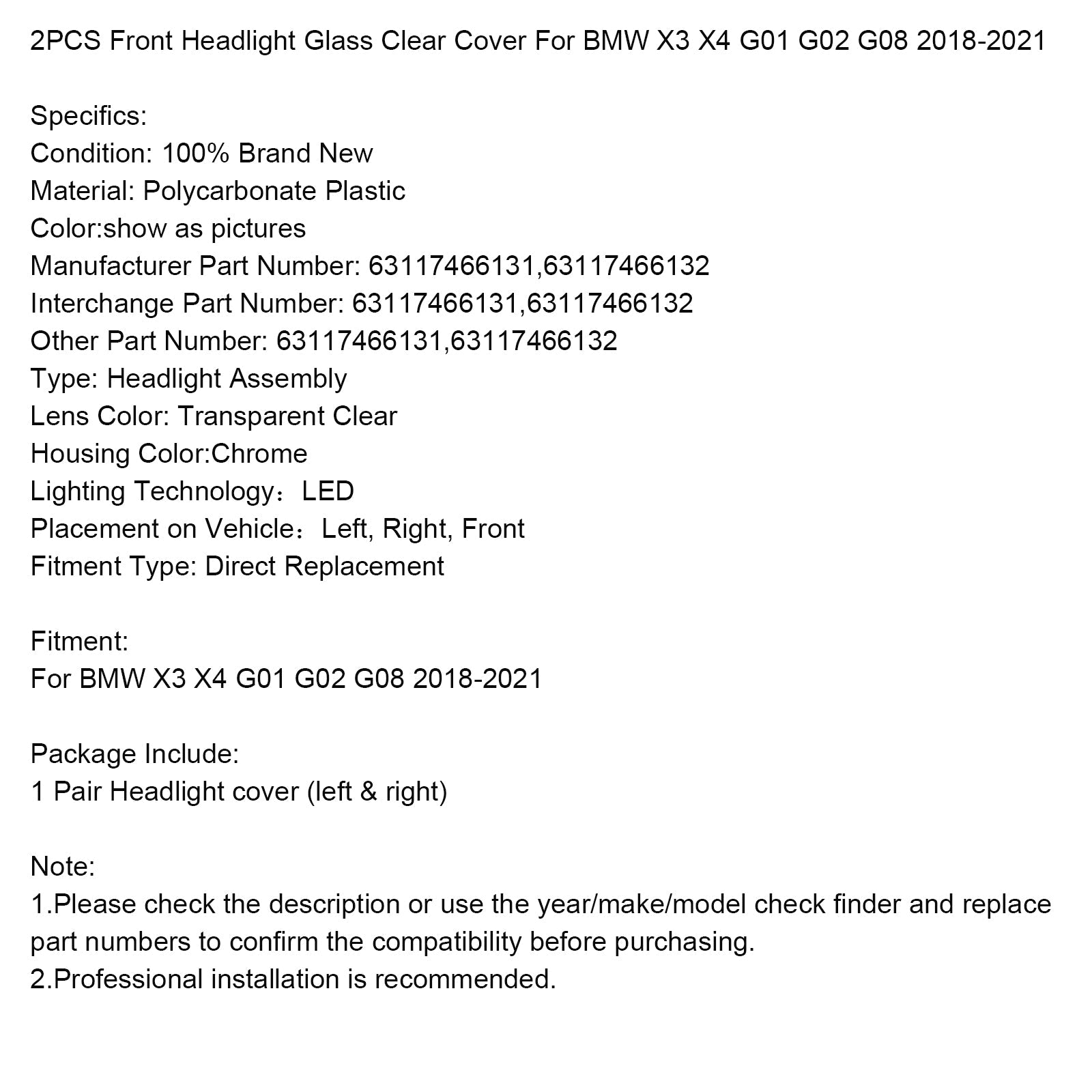 2018-2021 BMW X3 X4 G01 G02 G08 2PCS Front Headlight Glass Clear Cover