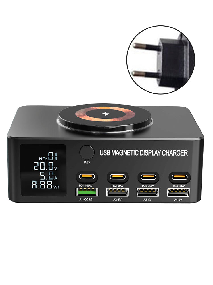 140W Fast Charging Charger Intelligent Digital Display PD100W Mobile Phone Notebook Magnetic Wireless Charging Multi-Port USB Charger EU Plug