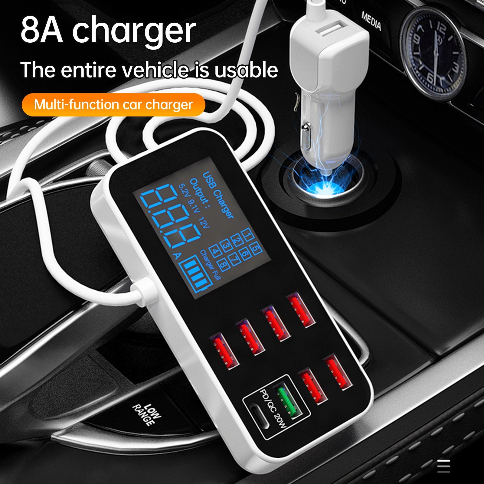 USB Charger PD5V1A QC3.0 Display Small Car 8 Port Car Charger Cigarette Lighter
