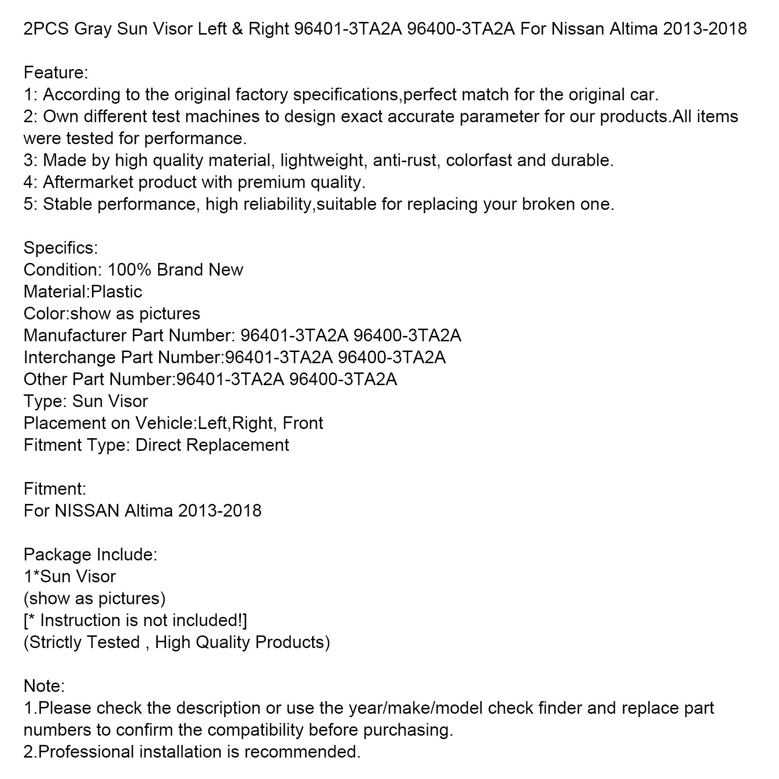 2013-2018 Nissan Altima 2PCS Gray Sun Visor Left & Right 96401-3TA2A 96400-3TA2A