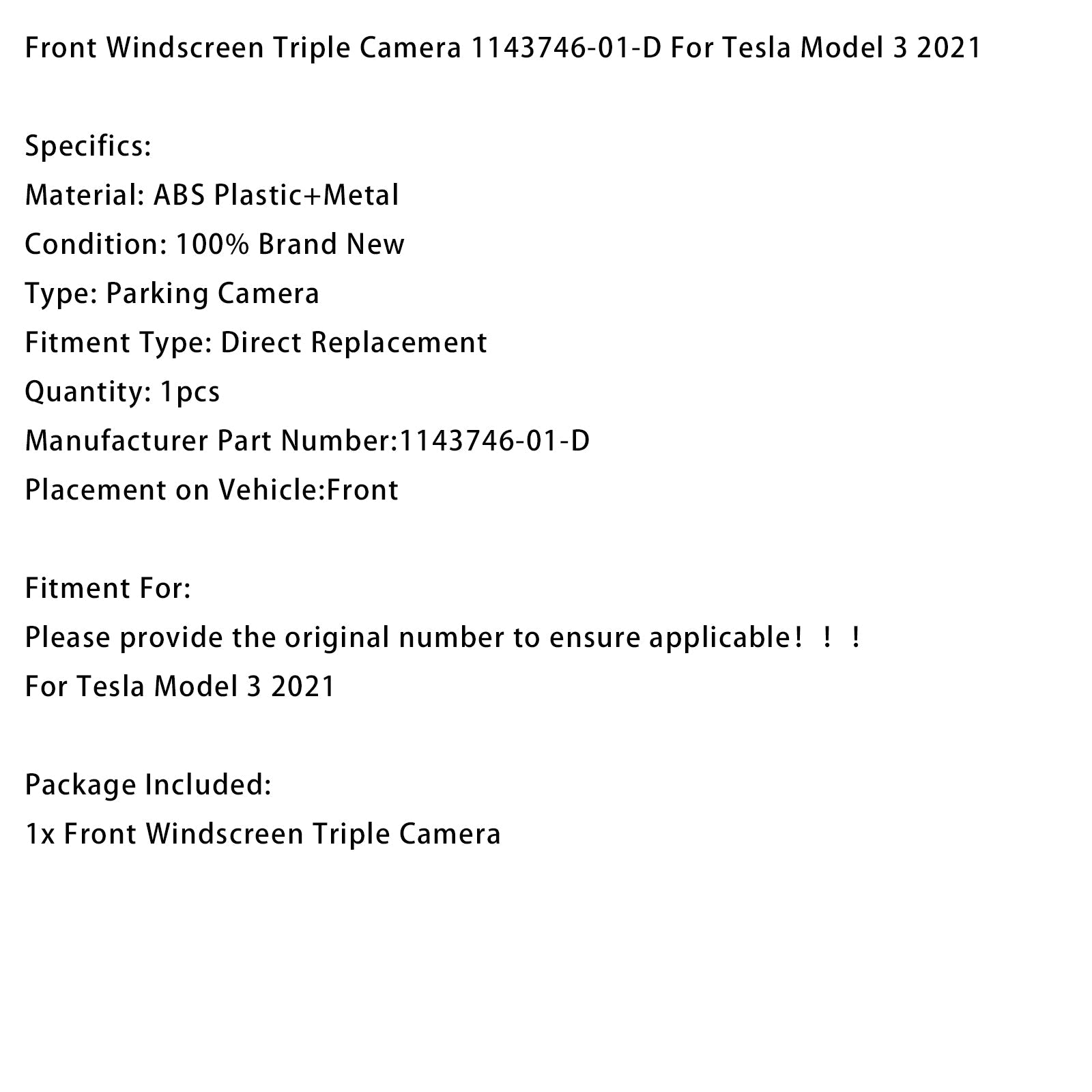 2021 Tesla Model 3 Front Windscreen Triple Camera 1143746-01-D