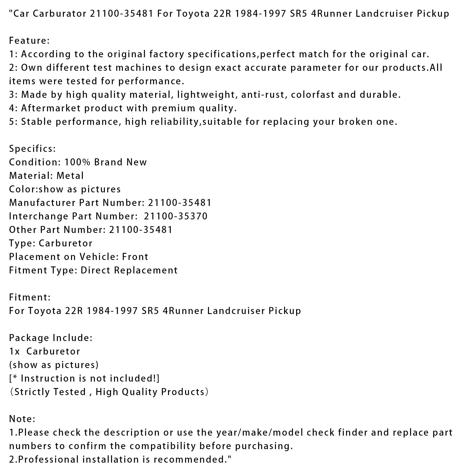 1984-1997 Toyota 22R SR5 4Runner LandcruiserCar Carburator 21100-35481