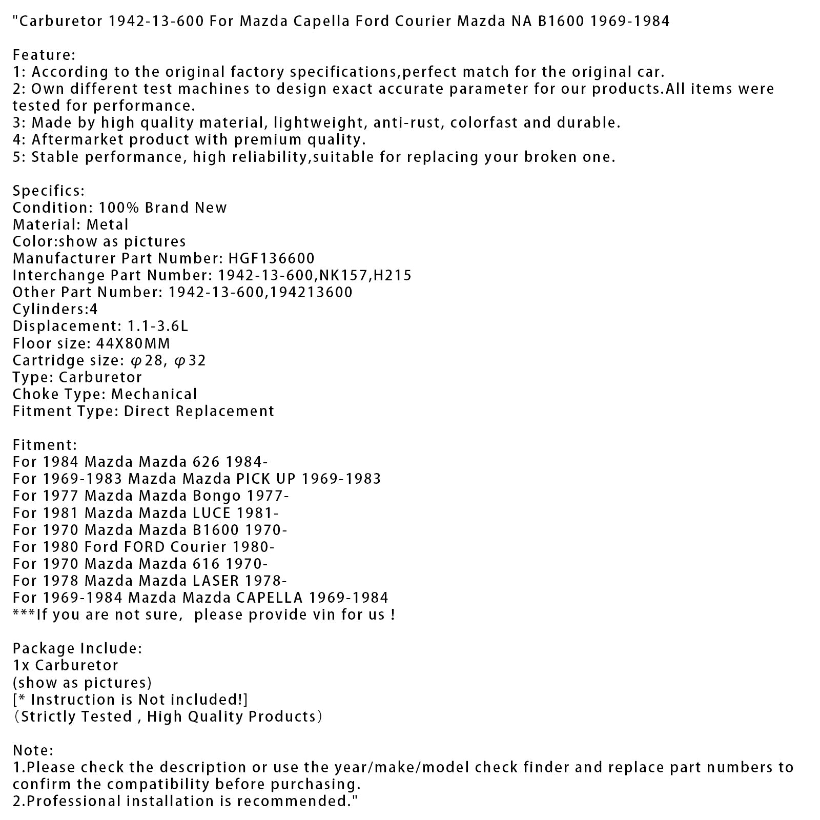 1981-on Mazda Mazda LUCE Carburetor 1942-13-600 HGF136600 194213600