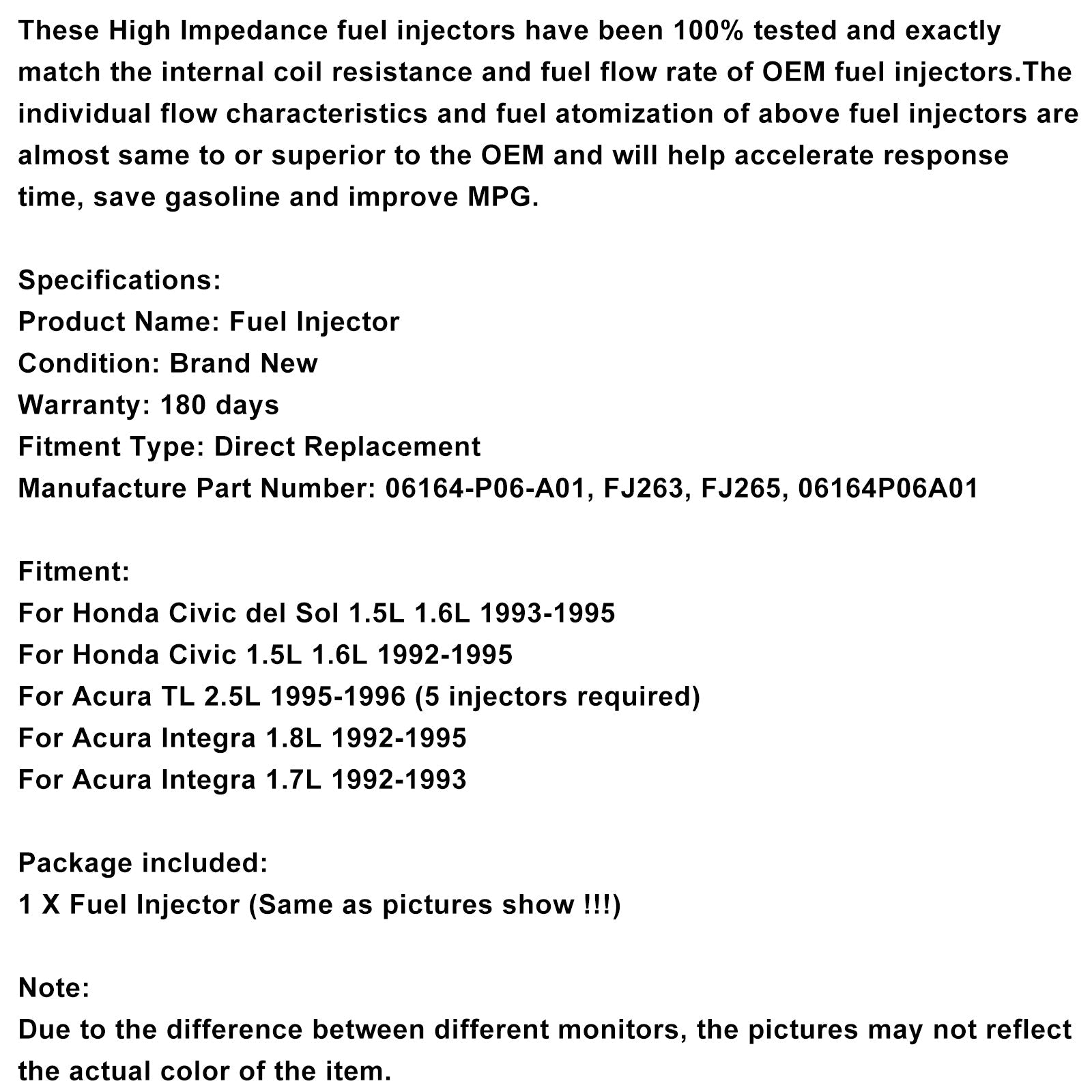 1PCS Fuel Injector 06164-P06-A01 Fit Civic Del Sol 1.5L 1.6L Integra 1.7L 1.8L