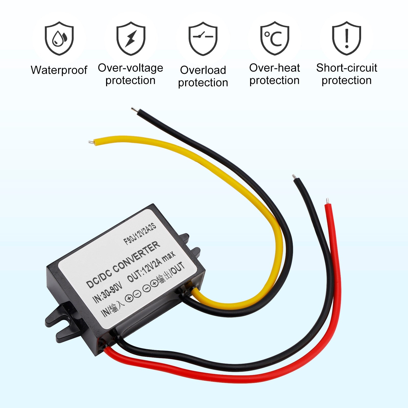 Waterproof DC 30-90V to 12V 2A 24W Step-Down Power Supply Converter Regulator