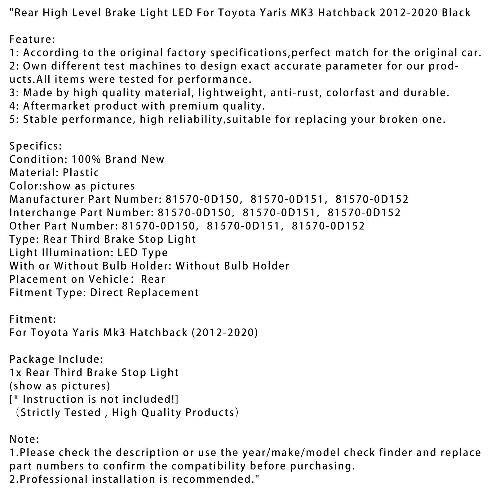 Rear High Level Brake Light LED For Toyota Yaris MK3 Hatchback 2012-2020 BLK