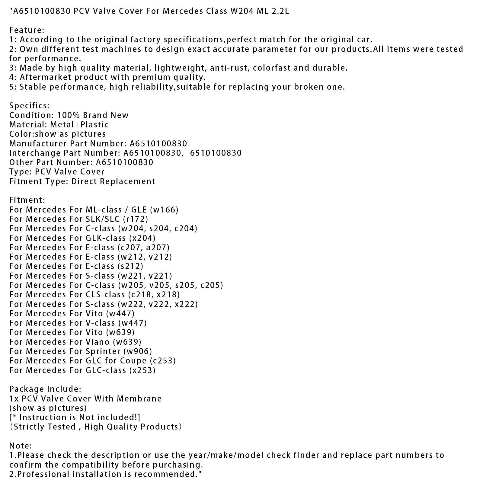 A6510100830 PCV Valve Cover For Mercedes Class W204 ML 2.2L