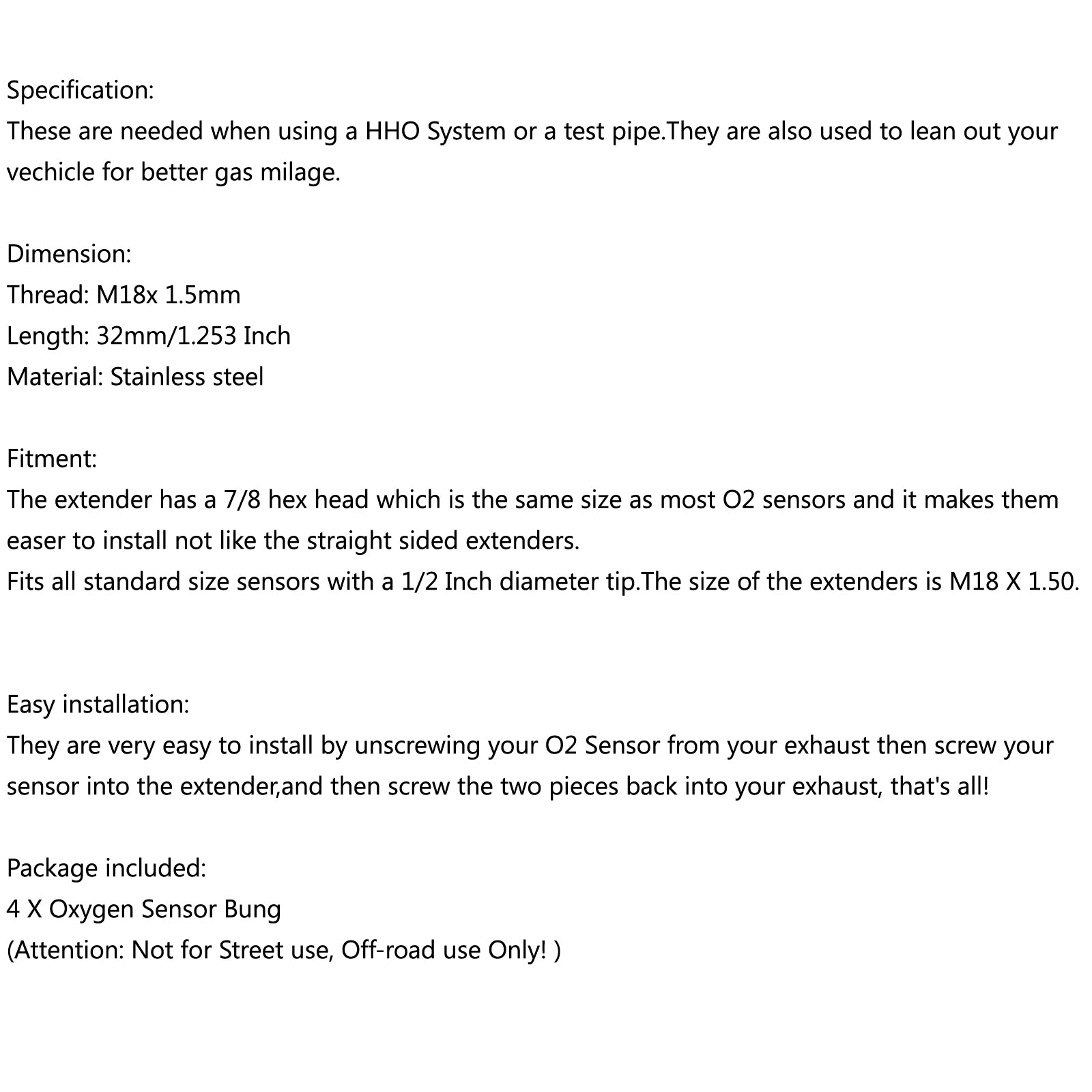 4xUniversal M18X1.5 O2 Oxygen Sensor Test Pipe Extension Spacer Extender Adapter