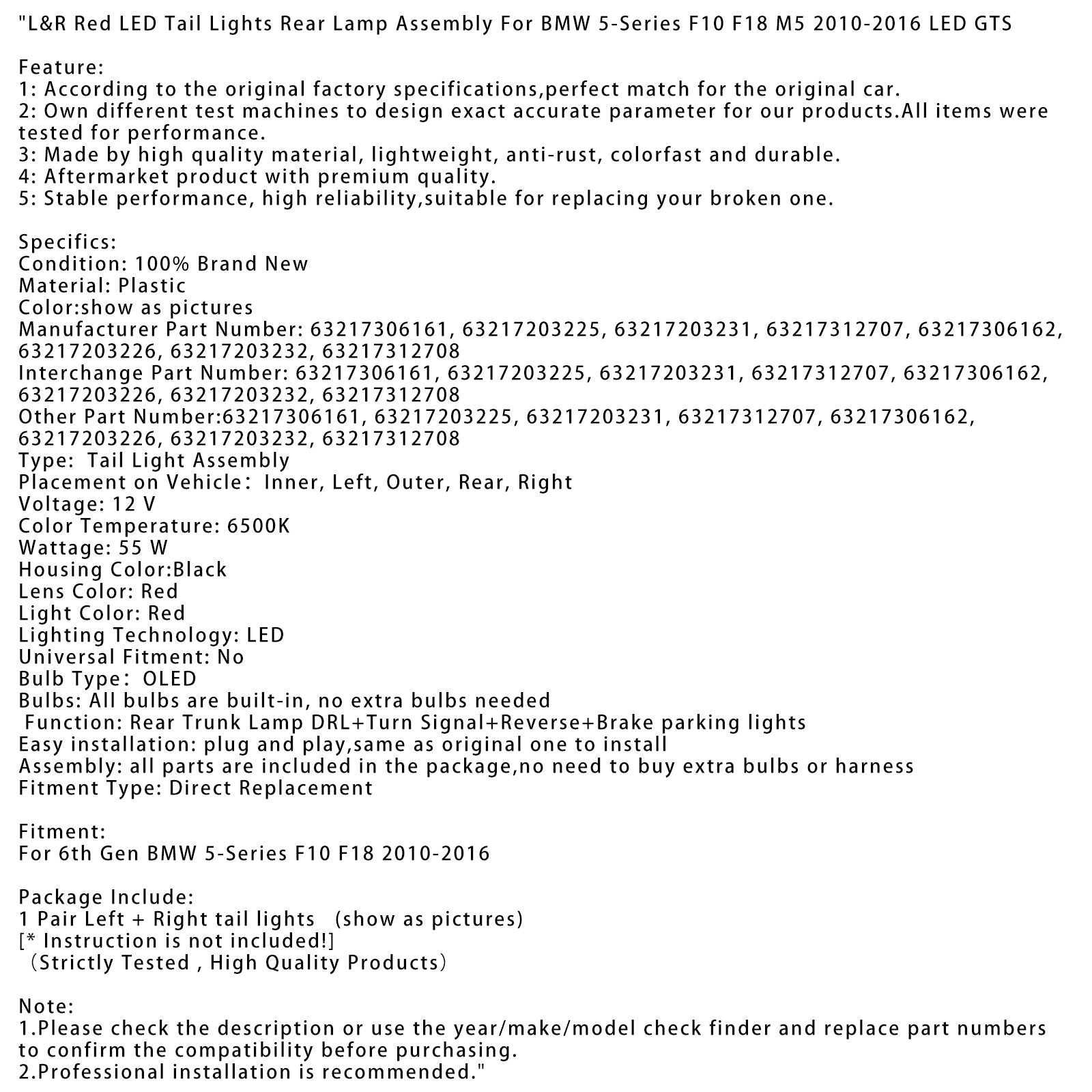 2010-2016 6th Gen 5-Series F10 F18 M5 L&R Red LED Tail Lights Rear Lamp Assembly