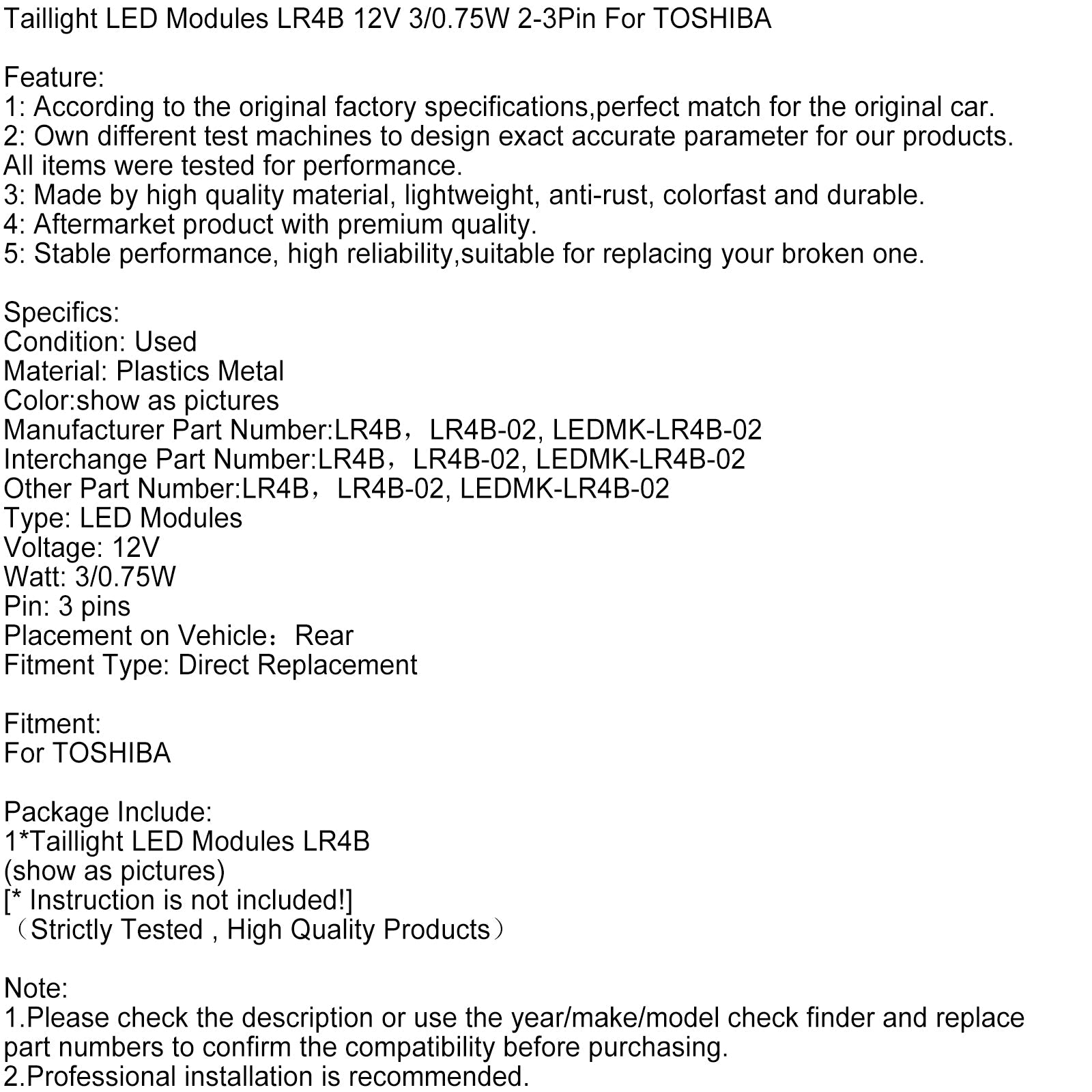 Taillight LED Modules LR4B 12V 3/0.75W 2-3Pin For TOSHIBA