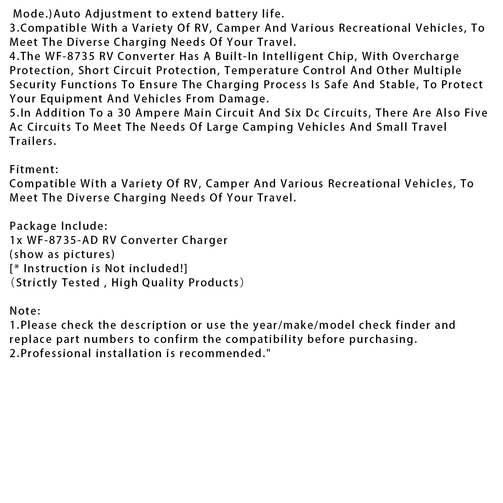 WF-8735-AD RV Converter Charger 30 Amp Power Center Support Auto Detect RV