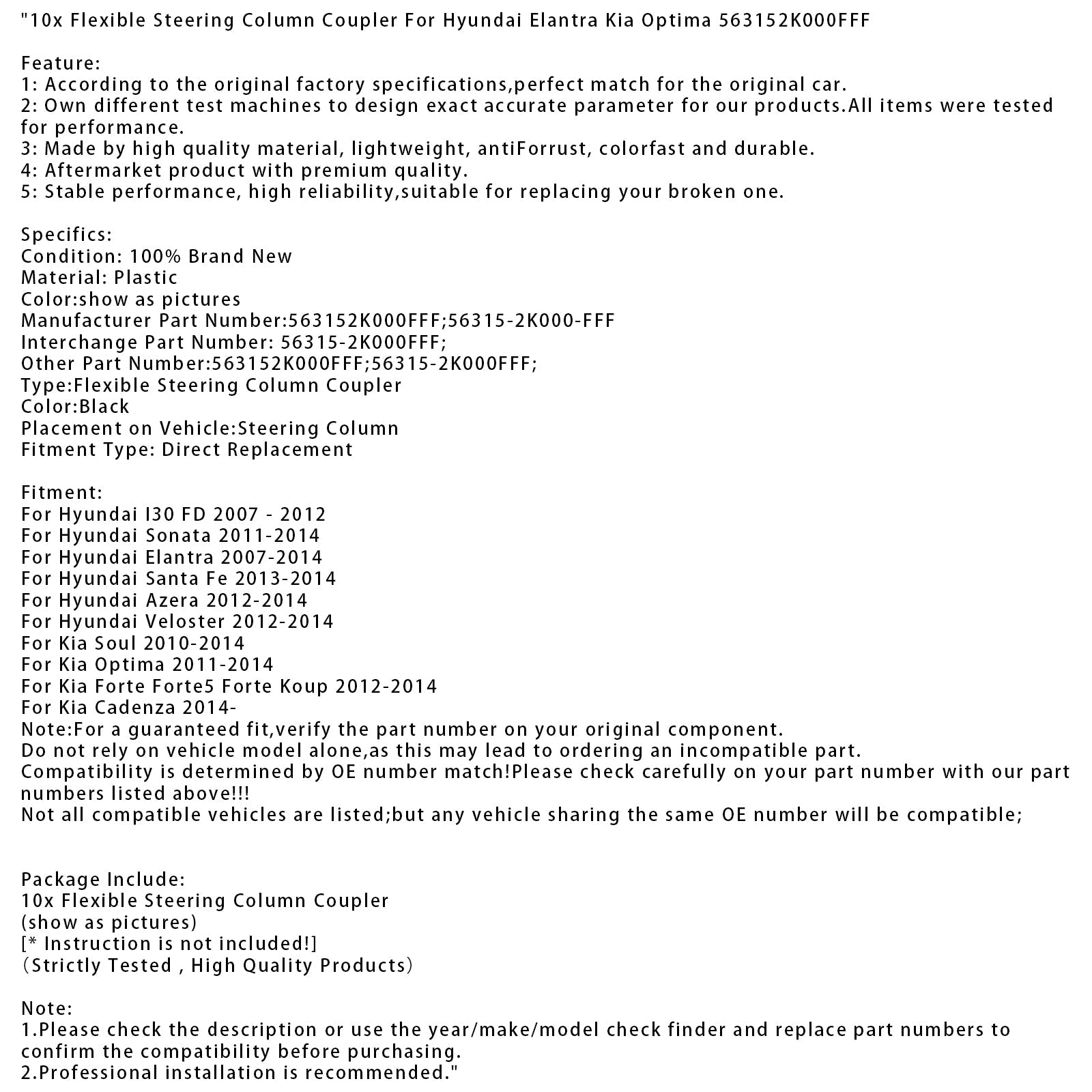 10x Flexible Steering Column Coupler For Hyundai Elantra Kia Optima 563152K000FFF