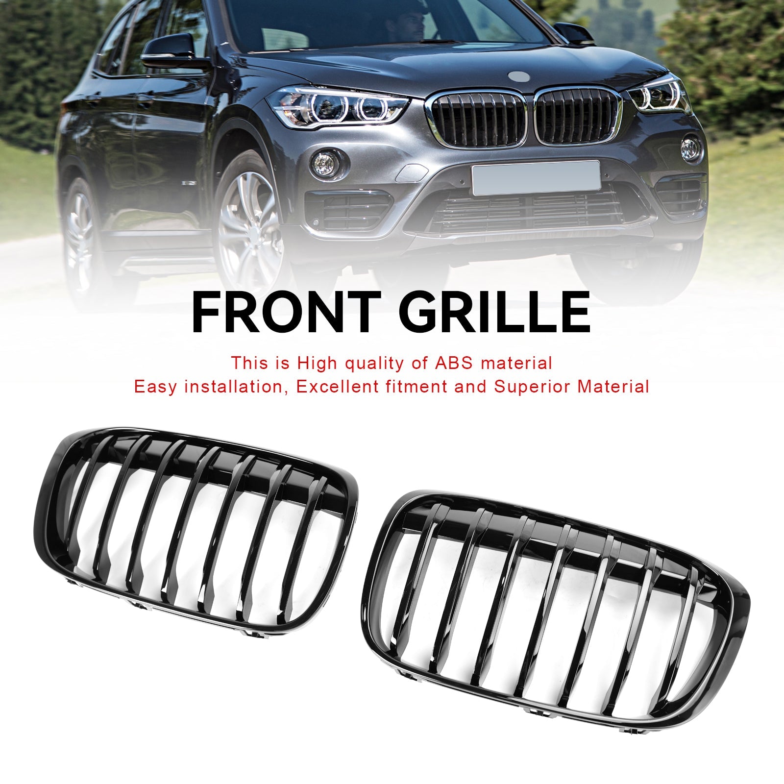 BMW X1 F48 F49 2016-2018 2PCS Gloss Black Front Kidney Grille Grill