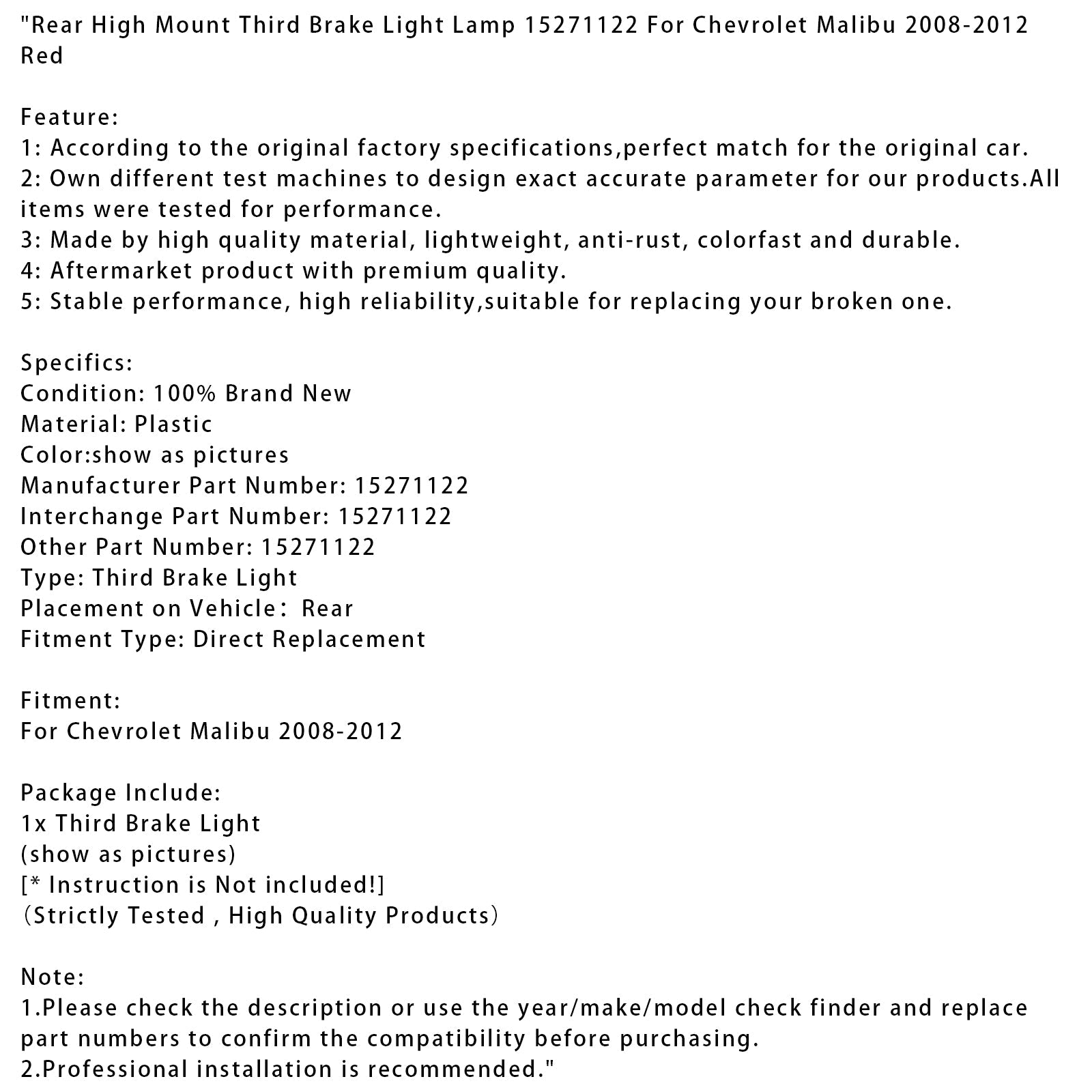 2008-2012 Chevrolet Malibu Rear High Mount Third Brake Light Lamp Red