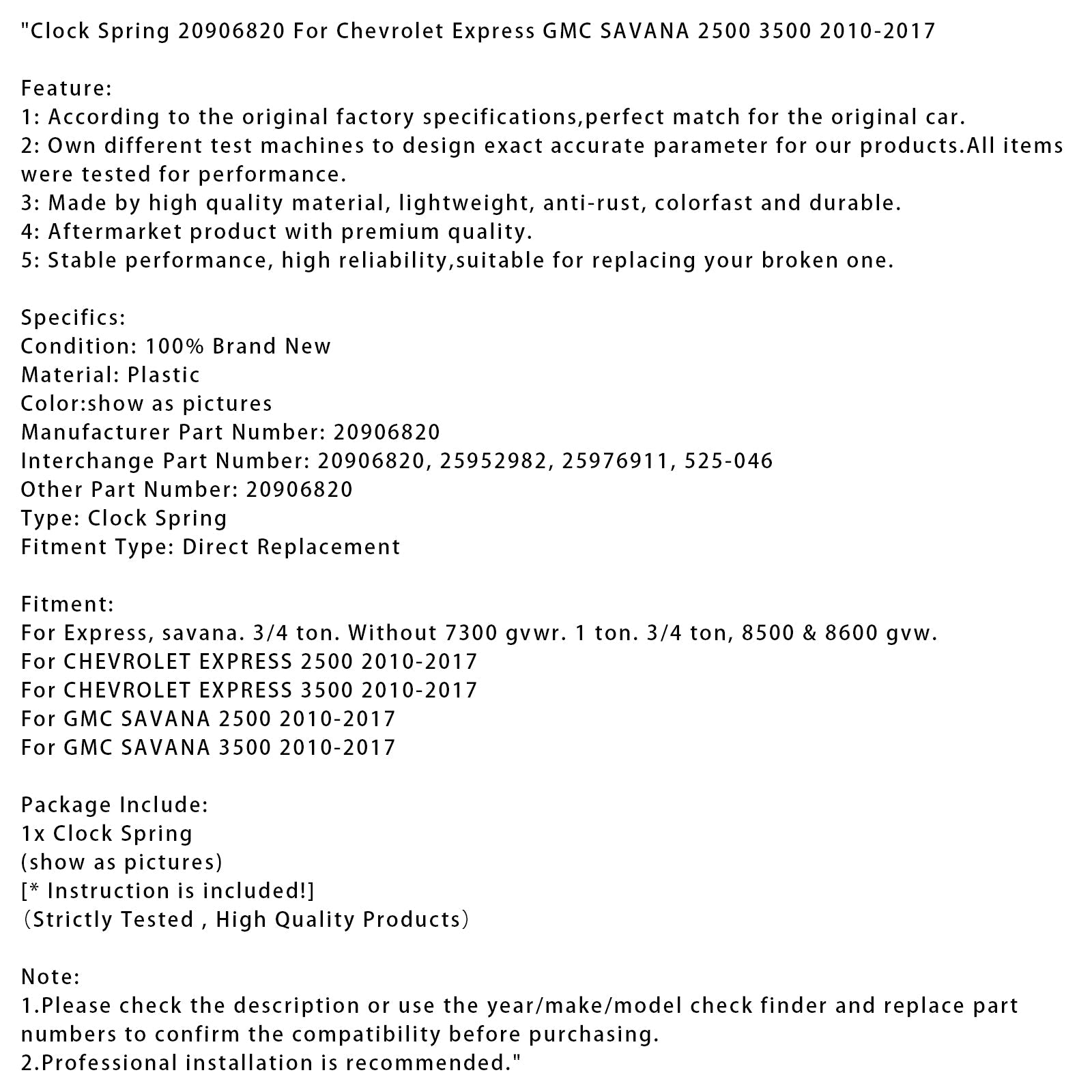 2010-2017 Chevrolet Express GMC SAVANA 2500 3500 Clock Spring 20906820