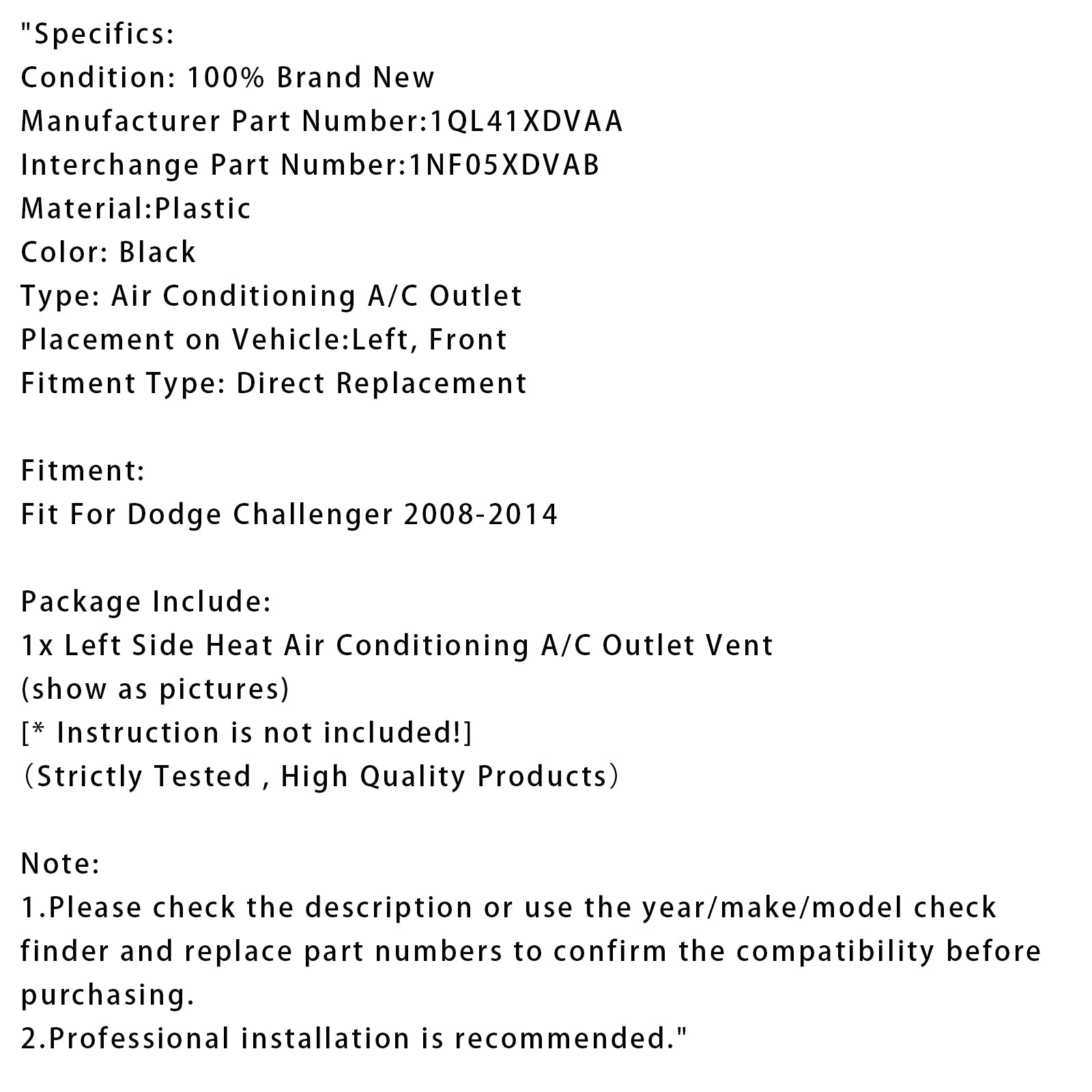 2008-2014 Dodge Challenger Left Side Heat Air Conditioning A/C Outlet Vent 1QL41XDVAA