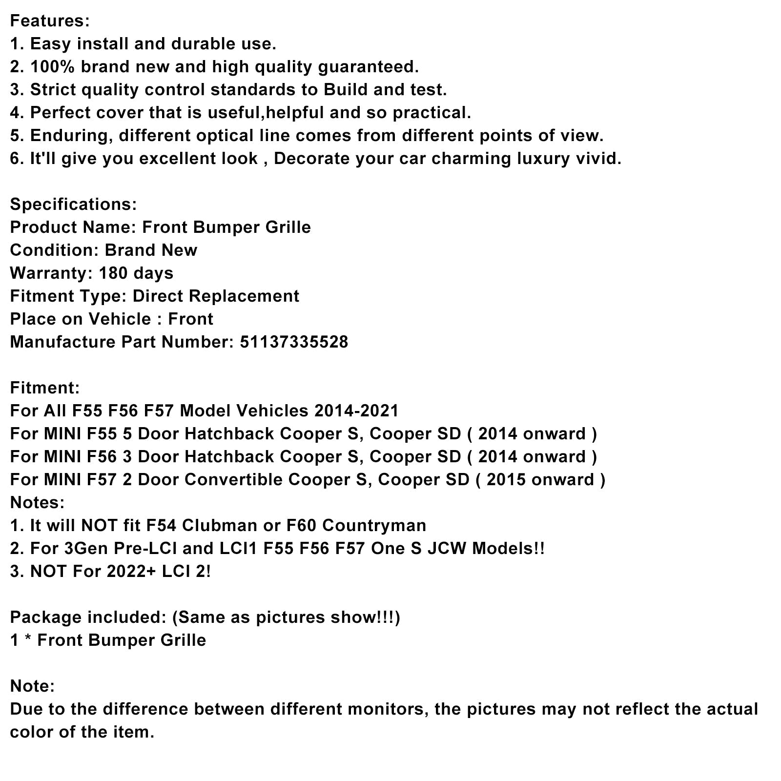 Black Front Mesh Grille Grill 51137335528 Fit Mini Cooper F55 F56 F57 2014-2021