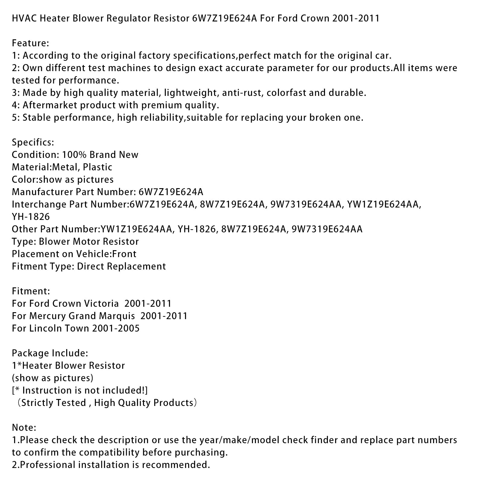 HVAC Heater Blower Regulator Resistor 6W7Z19E624A For Ford Crown 2001-2011