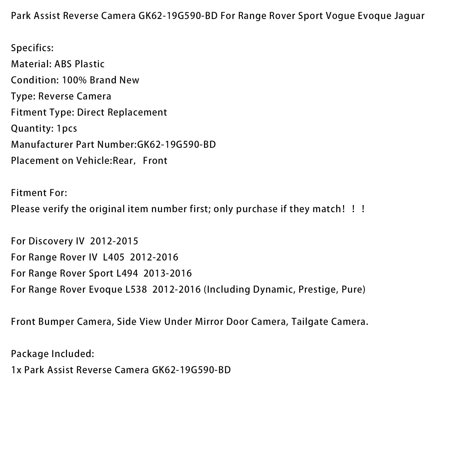 2012-2015 Discovery IV Park Assist Reverse Camera GK62-19G590-BD